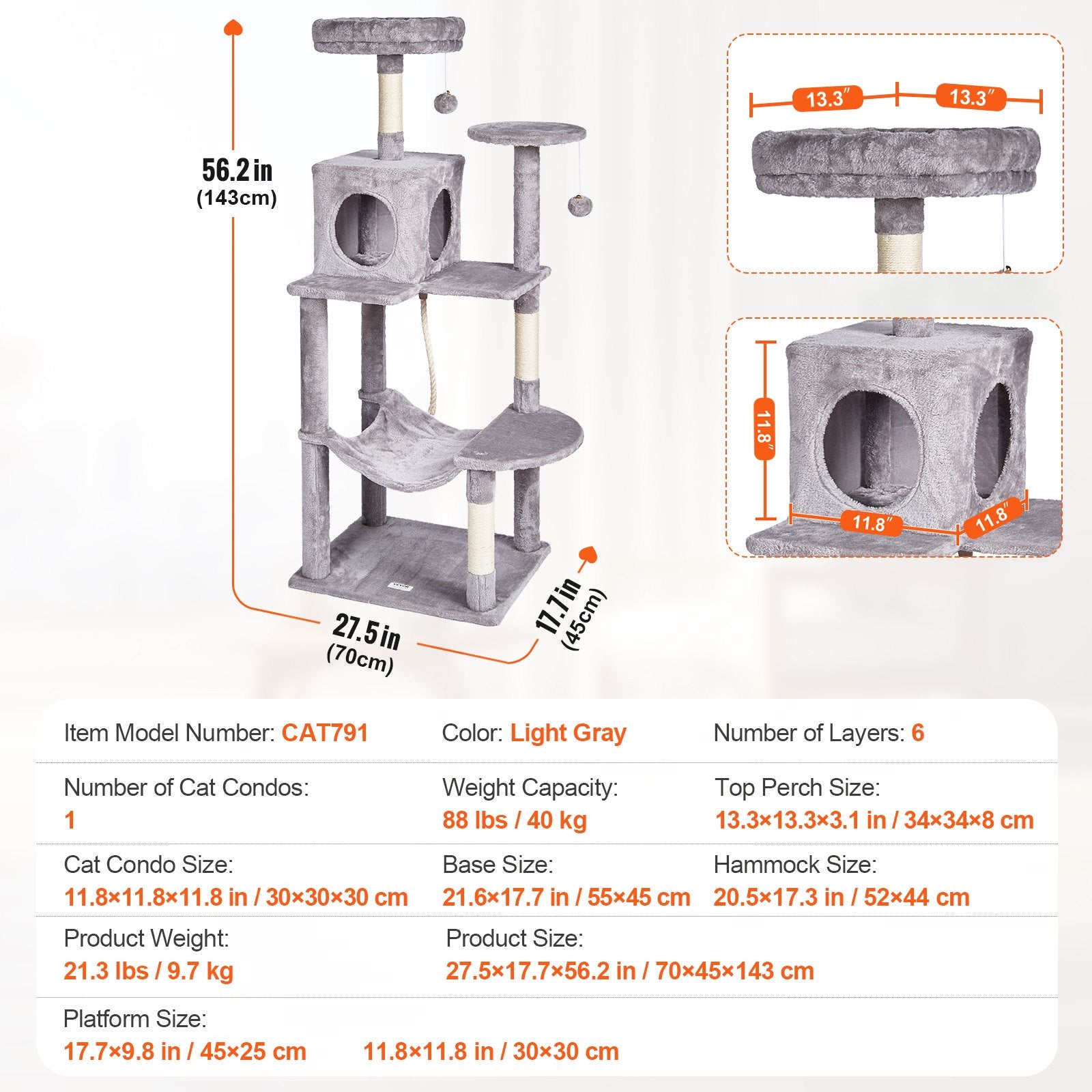 Cat Scratching Posts: VEVOR Cat Tree 143 cm Cat Tower with Cat Condo Sisal Scratching Post Light Grey