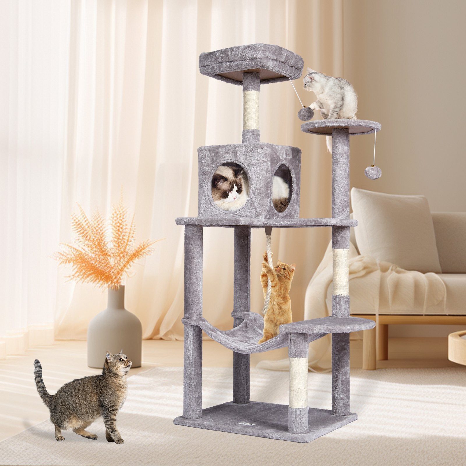 Cat Scratching Posts: VEVOR Cat Tree 143 cm Cat Tower with Cat Condo Sisal Scratching Post Light Grey