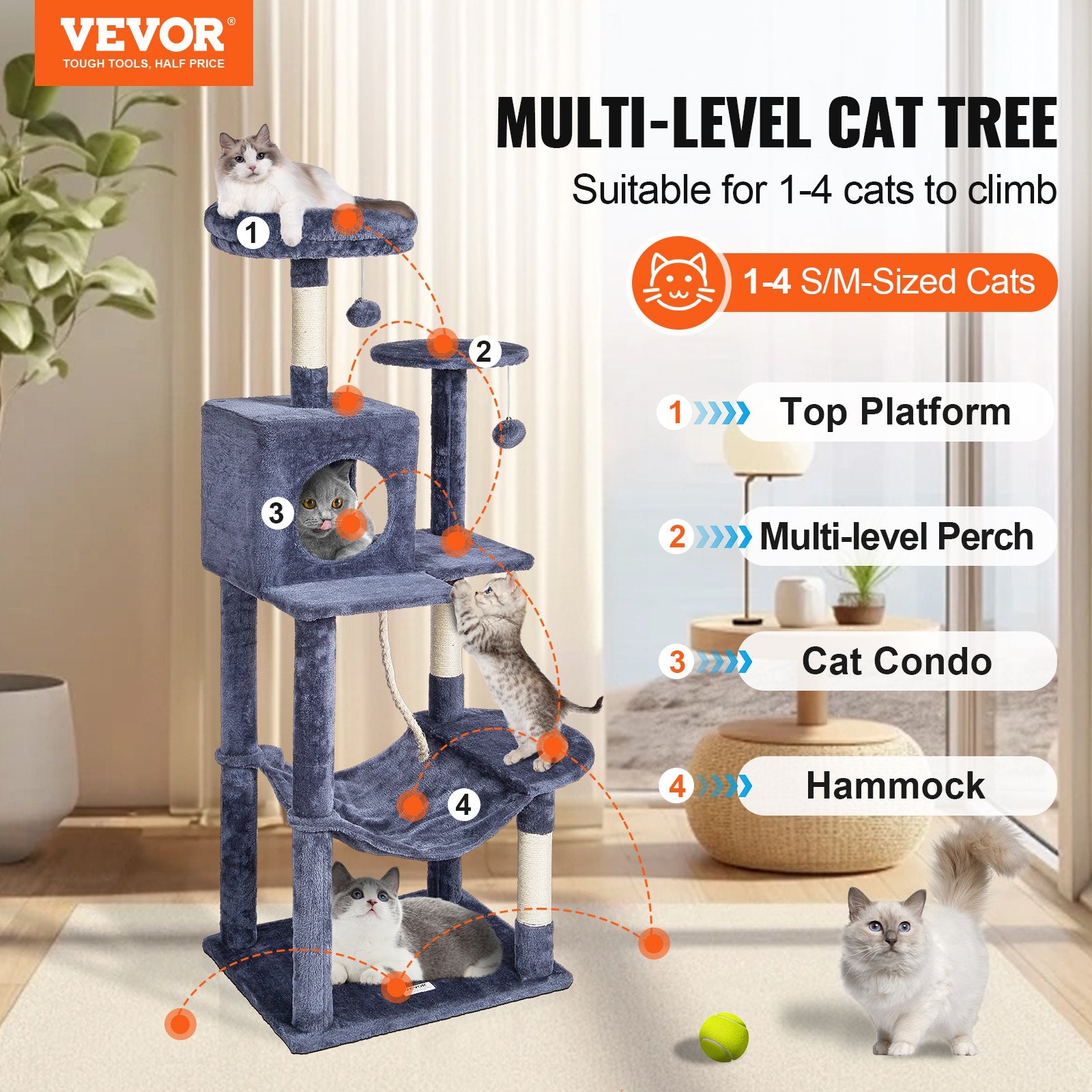 Cat Tree 143 cm Cat Tower with Cat Condo Sisal Scratching Post Dark Grey