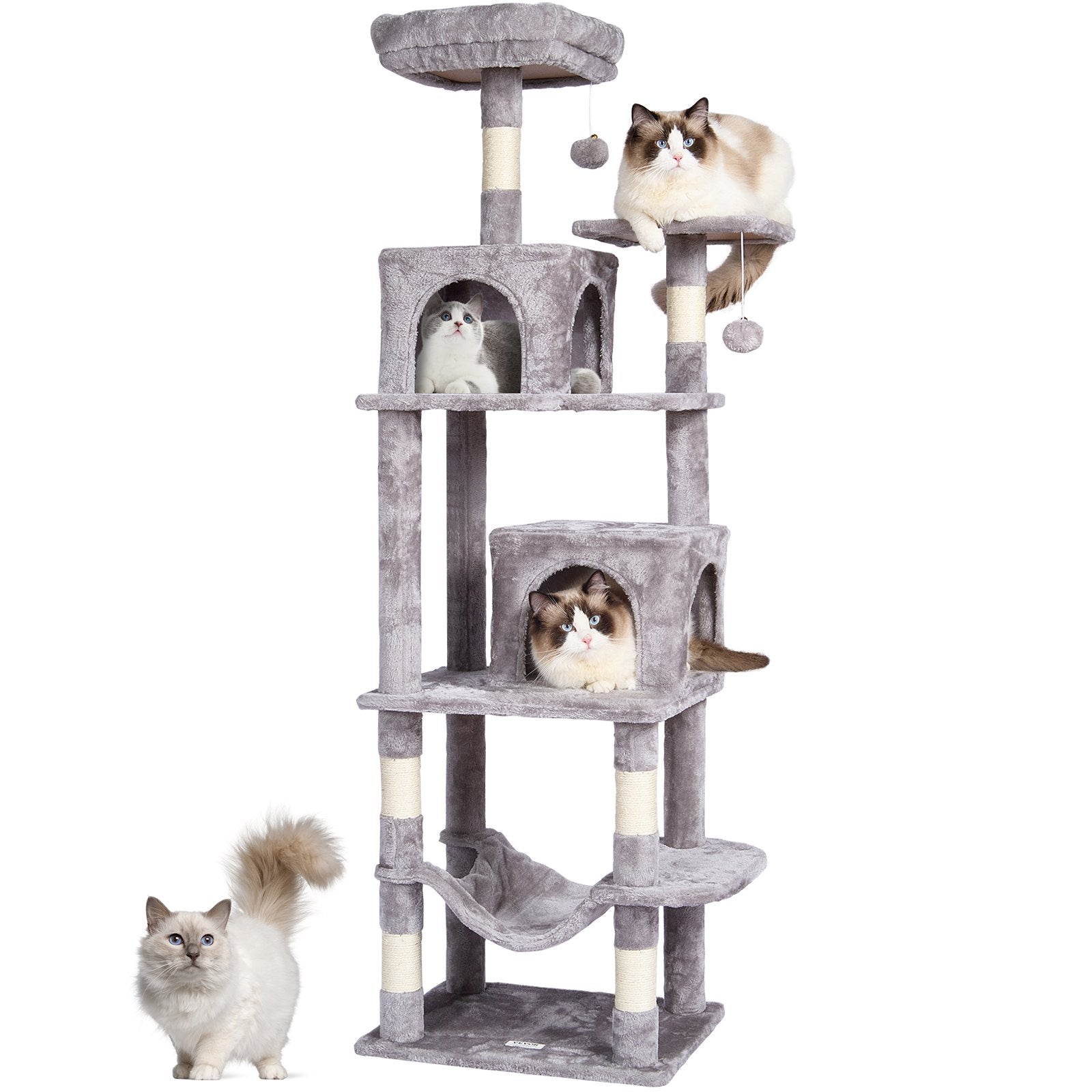 Cat Scratching Posts: VEVOR Cat Tree 160 cm Cat Tower with 2 Cat Condos Scratching Post Light Grey