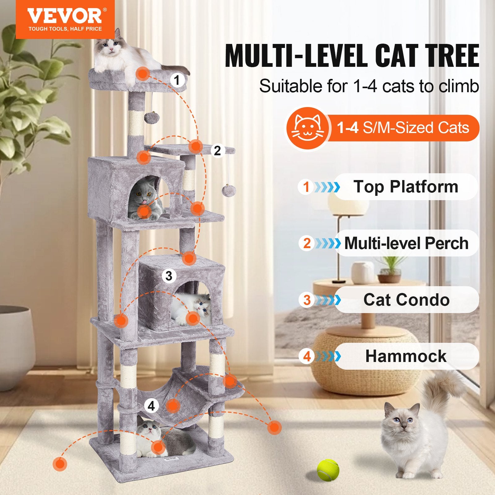 Cat Scratching Posts: VEVOR Cat Tree 160 cm Cat Tower with 2 Cat Condos Scratching Post Light Grey