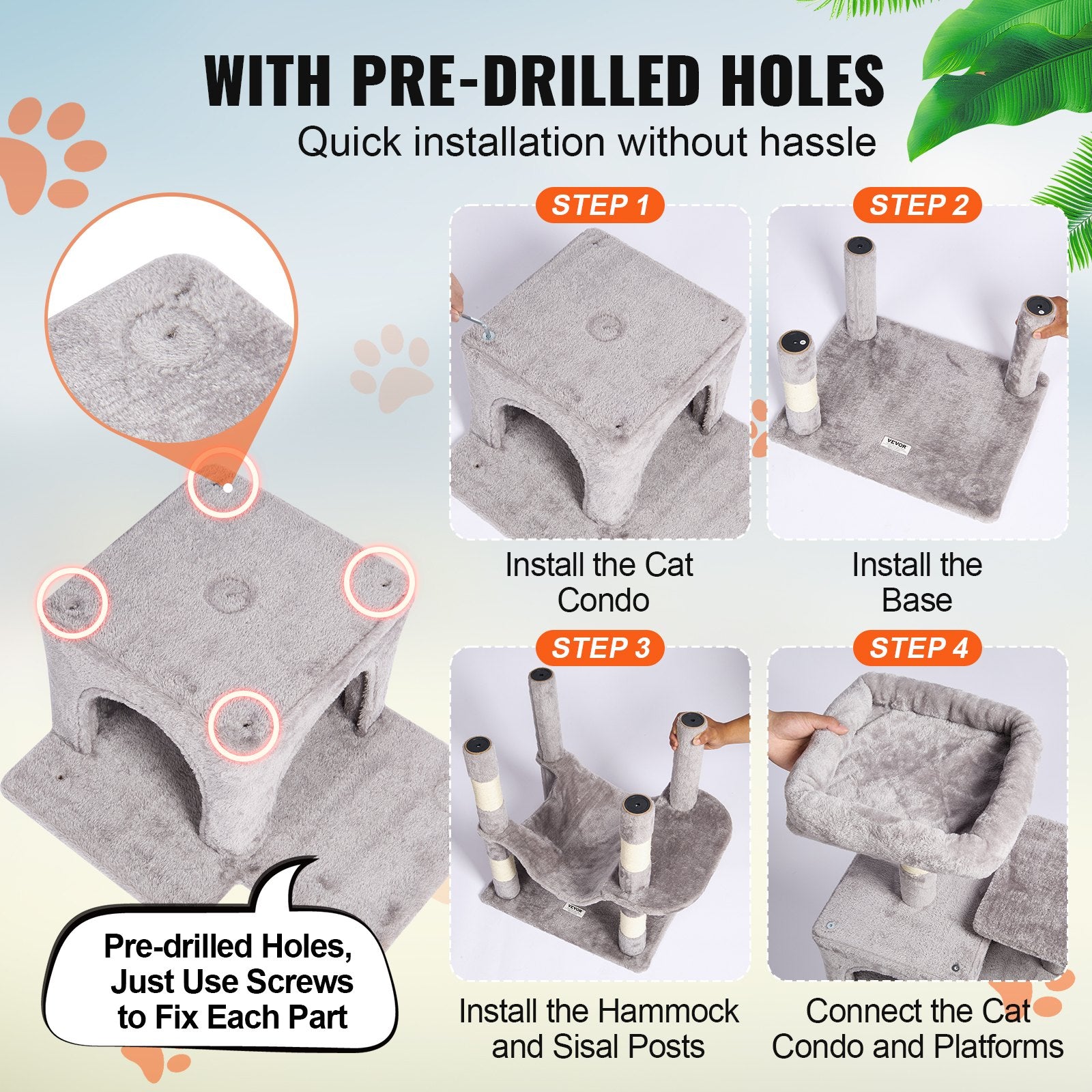 Cat Scratching Posts: VEVOR Cat Tree 160 cm Cat Tower with 2 Cat Condos Scratching Post Light Grey