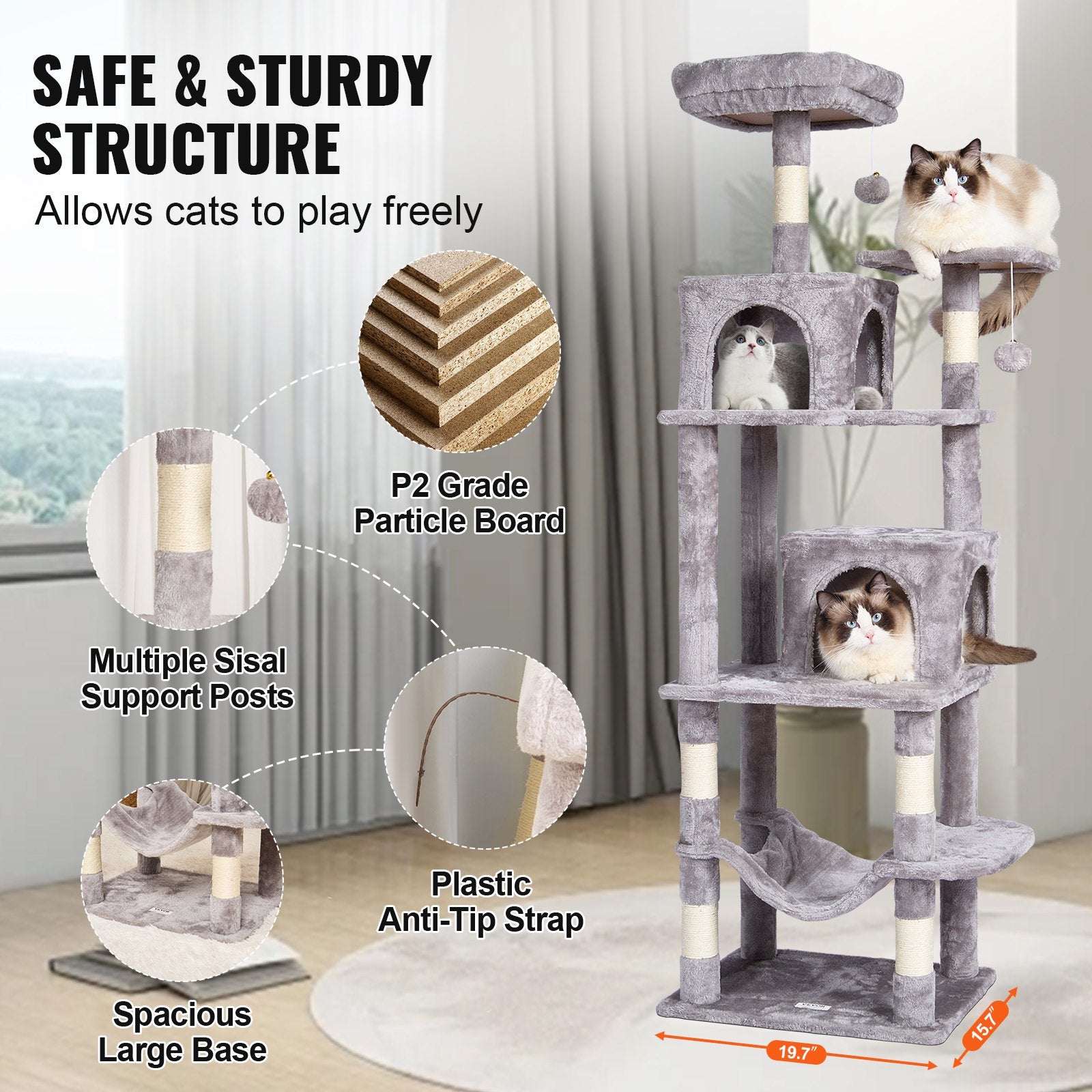 Cat Scratching Posts: VEVOR Cat Tree 160 cm Cat Tower with 2 Cat Condos Scratching Post Light Grey