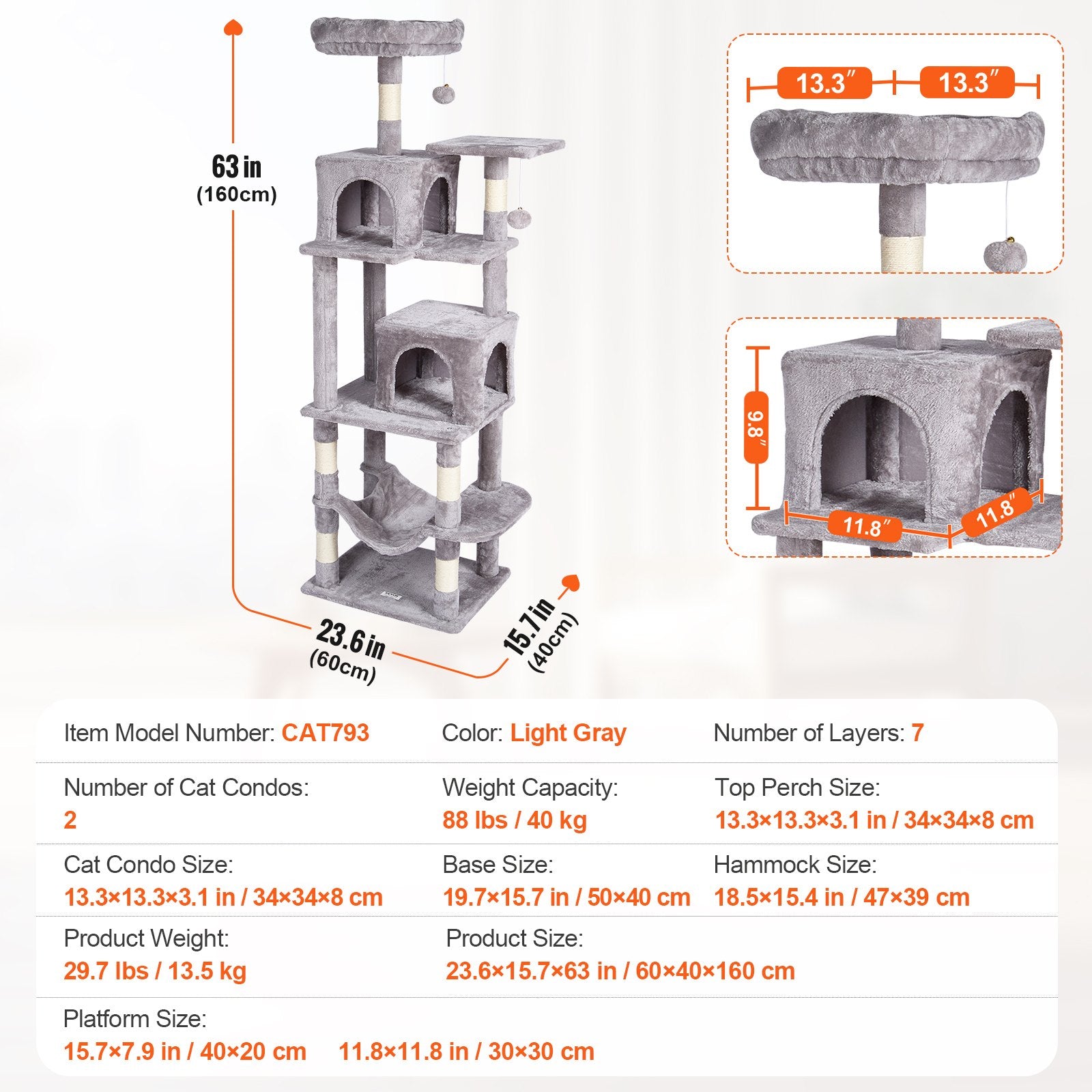 Cat Scratching Posts: VEVOR Cat Tree 160 cm Cat Tower with 2 Cat Condos Scratching Post Light Grey