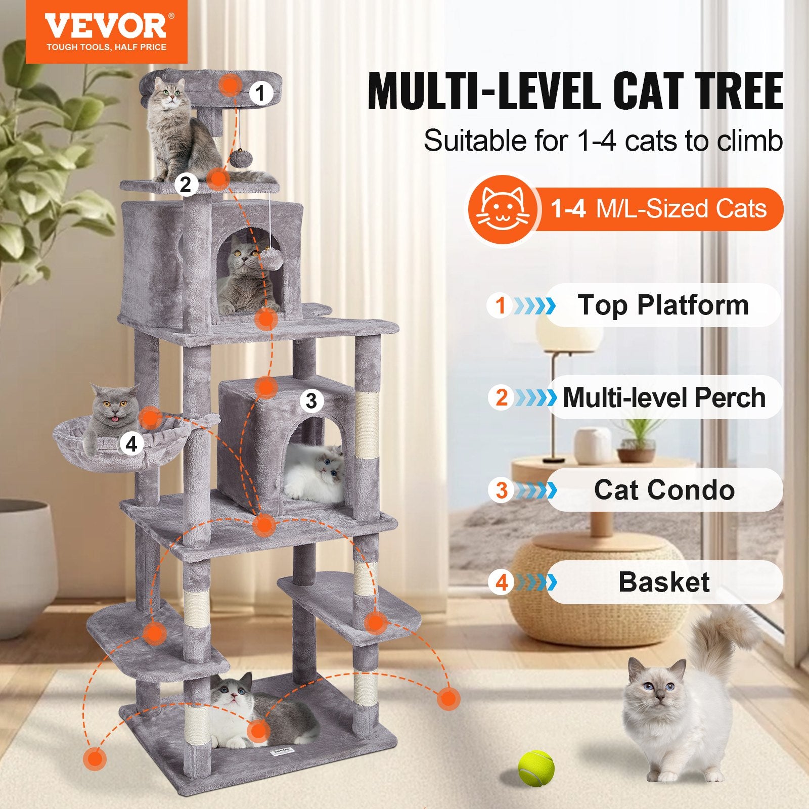Cat Scratching Posts: VEVOR Cat Tree 174 cm Cat Tower with Cat Condos Sisal Scratching Post Light Grey