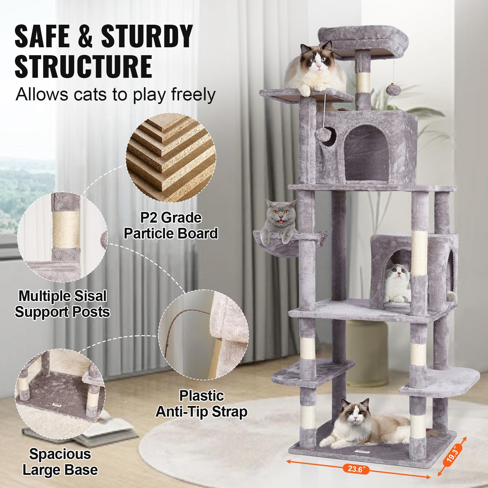 Cat Scratching Posts: VEVOR Cat Tree 174 cm Cat Tower with Cat Condos Sisal Scratching Post Light Grey