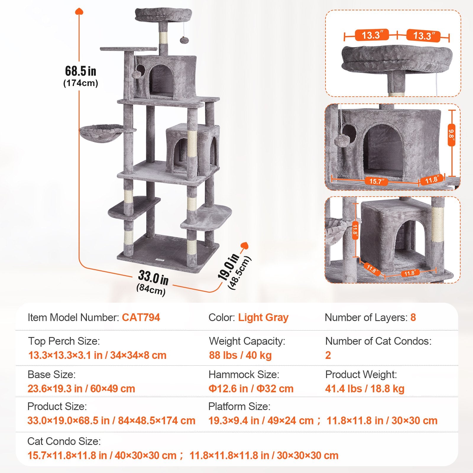Cat Scratching Posts: VEVOR Cat Tree 174 cm Cat Tower with Cat Condos Sisal Scratching Post Light Grey