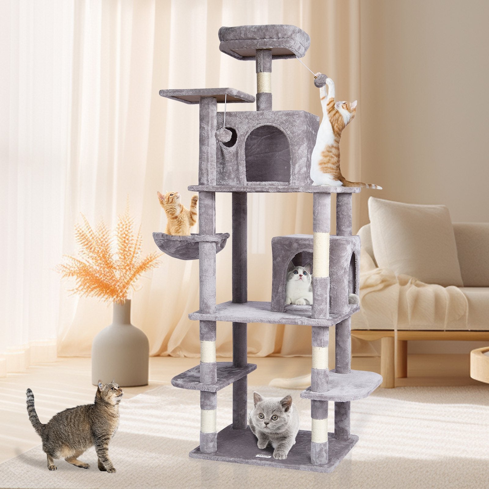 Cat Scratching Posts: VEVOR Cat Tree 174 cm Cat Tower with Cat Condos Sisal Scratching Post Light Grey