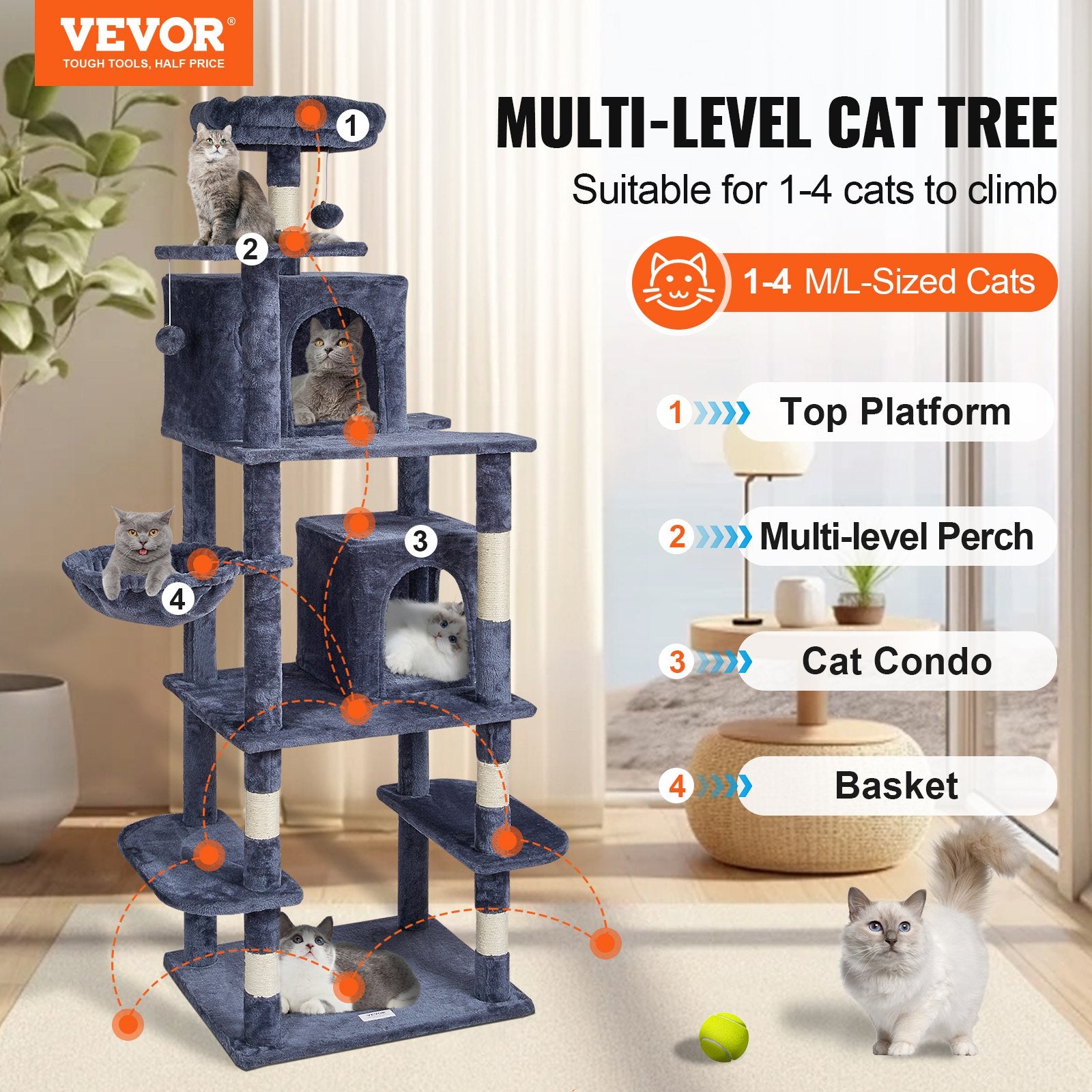 Cat Scratching Posts: VEVOR Cat Tree 174 cm Cat Tower with Cat Condos Sisal Scratching Post Dark Grey