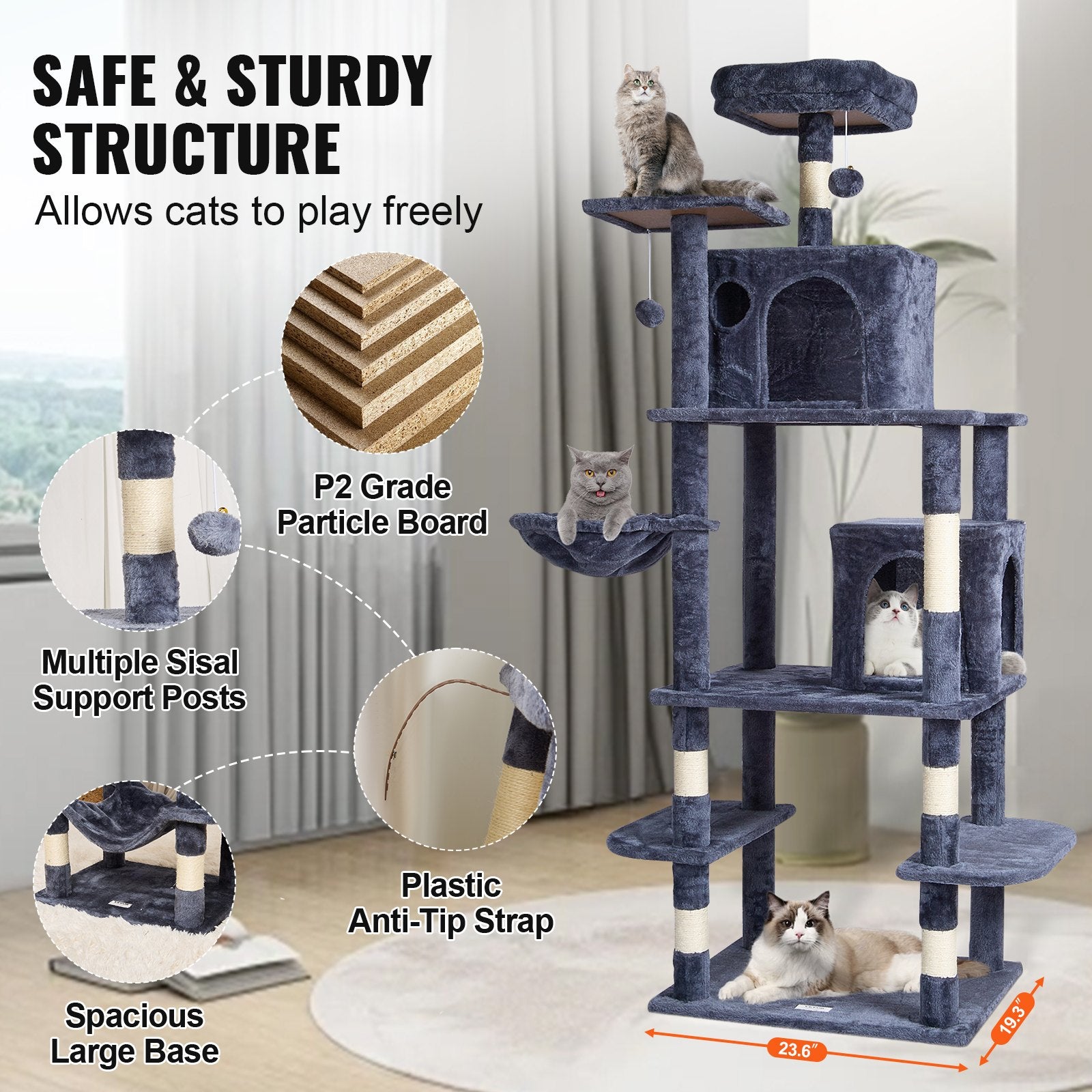 Cat Scratching Posts: VEVOR Cat Tree 174 cm Cat Tower with Cat Condos Sisal Scratching Post Dark Grey