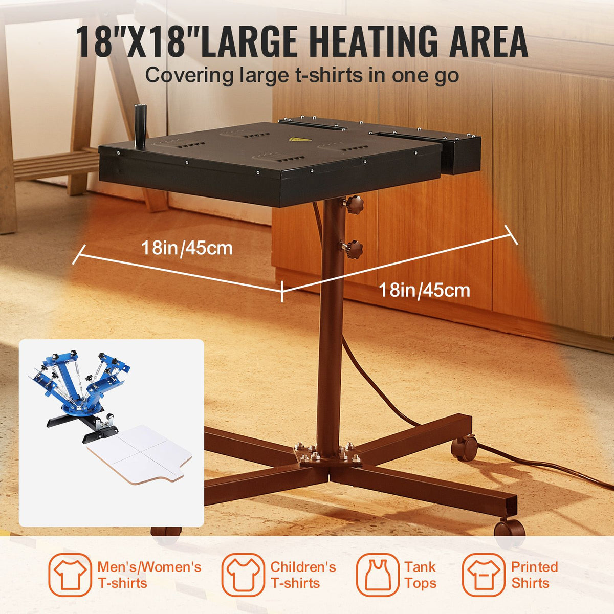 Flash Dryer, 18 x 18 inch Flash Dryer for Screen Printing, High Power Silk Screen Printing Dryer with Height Adjustable Stand, 360° Rotation, X-Shaped Base, Steel T-Shirt Curing Machine
