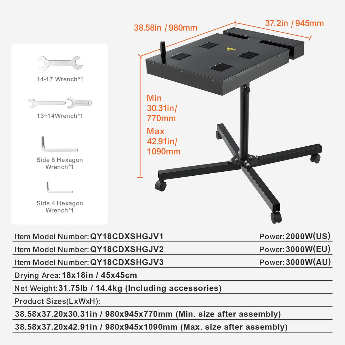 Flash Dryer, 18 x 18 inch Flash Dryer for Screen Printing, High Power Silk Screen Printing Dryer with Height Adjustable Stand, 360° Rotation, X-Shaped Base, Steel T-Shirt Curing Machine