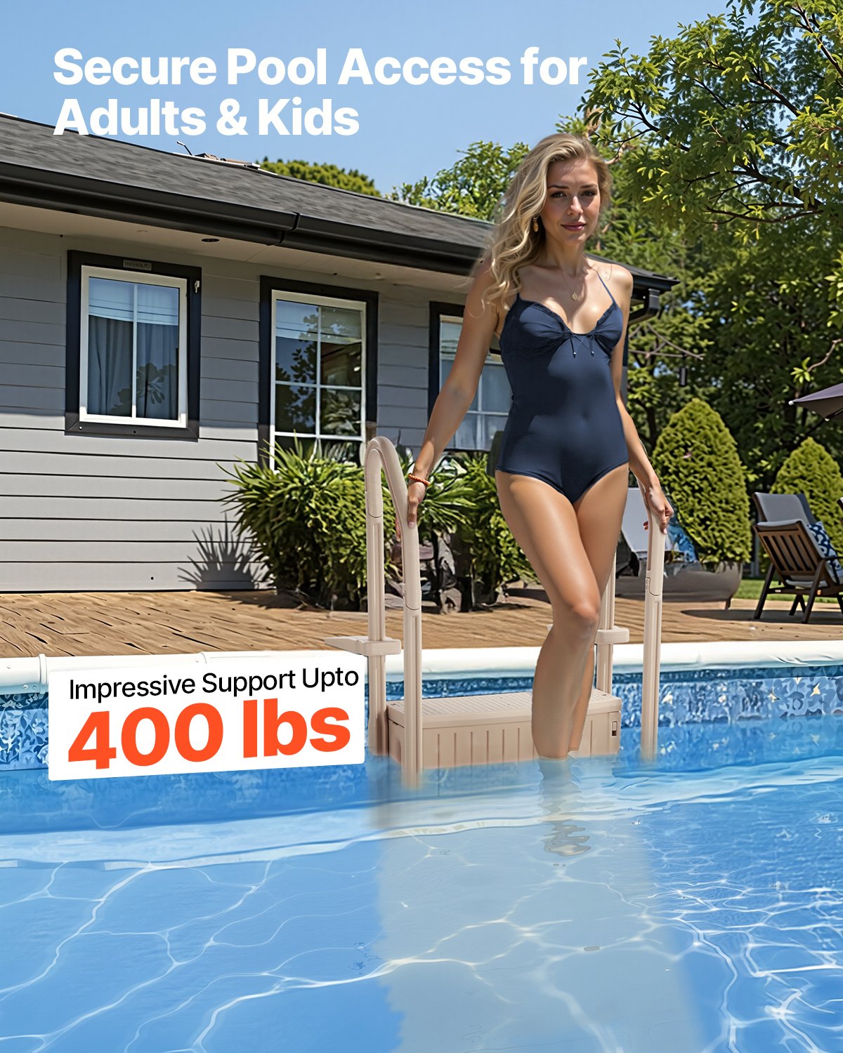 Kitchen & Bathroom DIY: VEVOR 3-Step Taupe Robust Pool Ladder of 2 Handrails for 914.4-1219.2 mm Pools