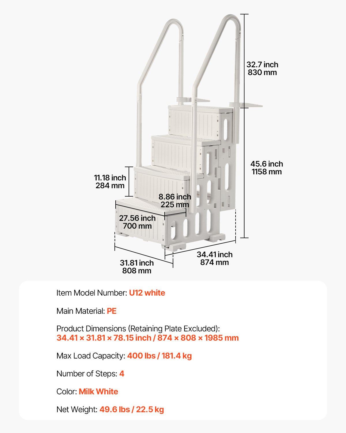 Swimming Pools: VEVOR 4-Step White Robust Pool Ladder of 2 Handrails for 1219.2-1371.6 mm Pools
