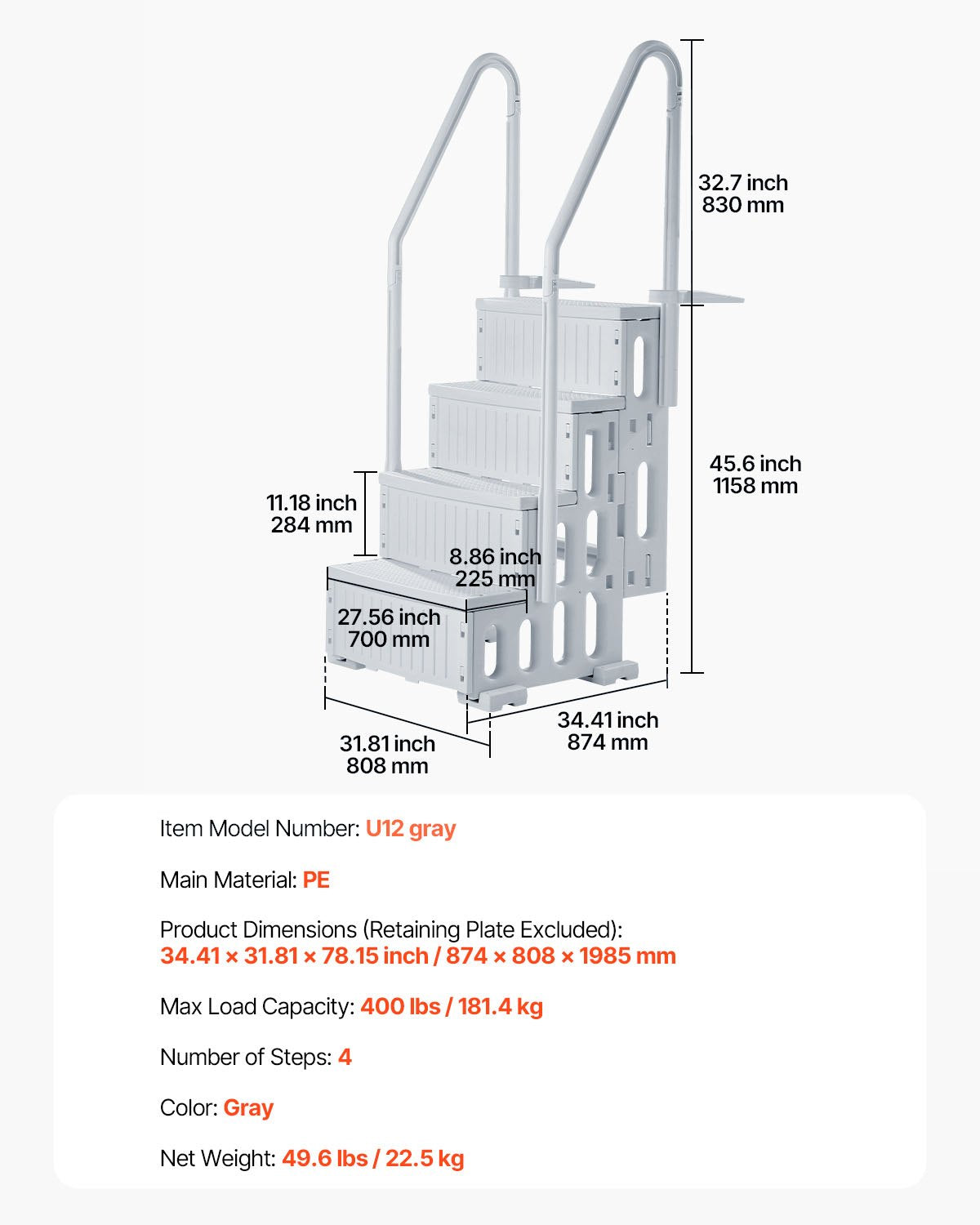 Swimming Pools: VEVOR 4-Step Grey Robust Pool Ladder of 2 Handrails for 1219.2-1371.6 mm Pools