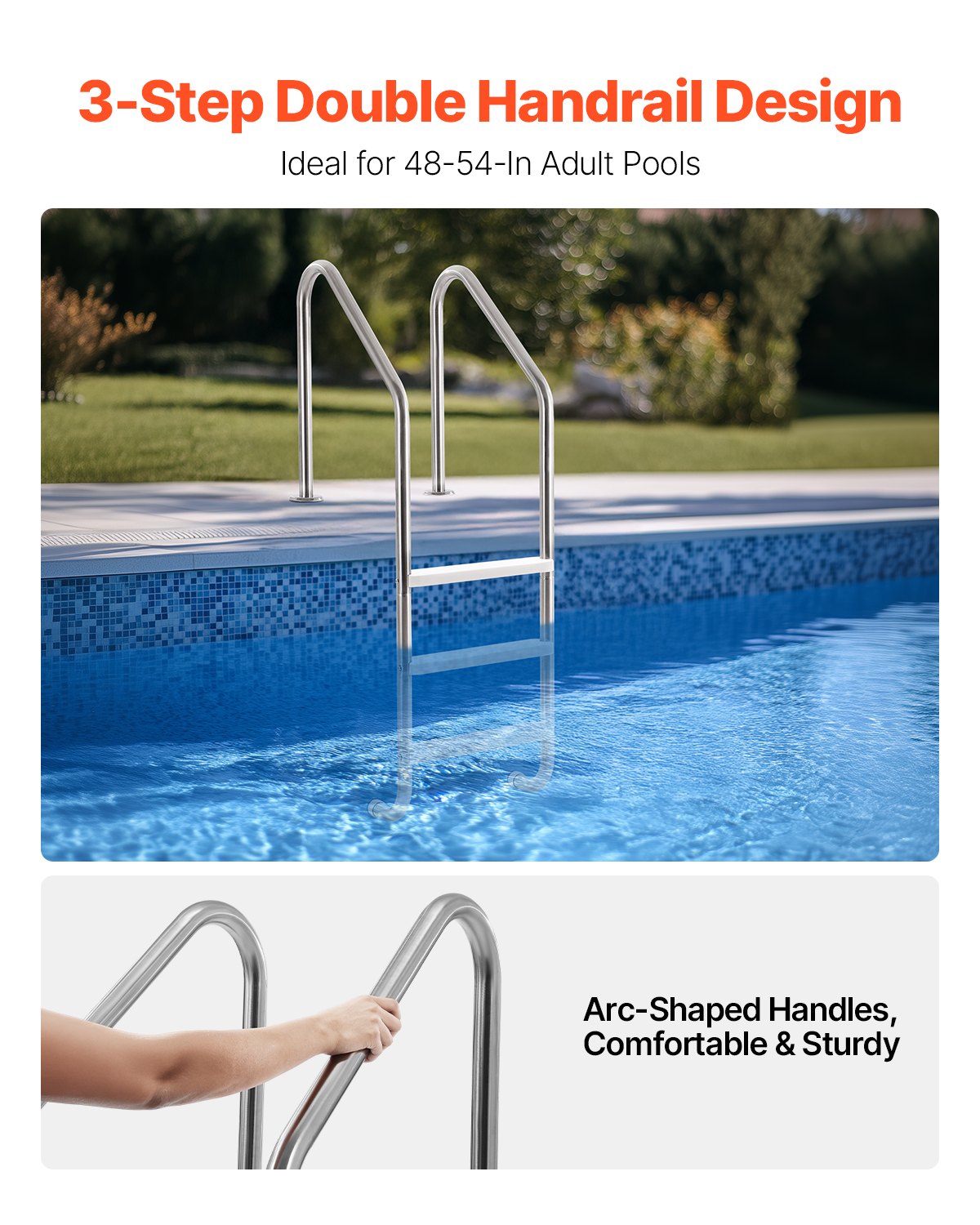 Swimming Pools: VEVOR Stainless Steel Pool Ladder 3-Step & 2 Handrails for 1219.2-1371.6 mm Pool