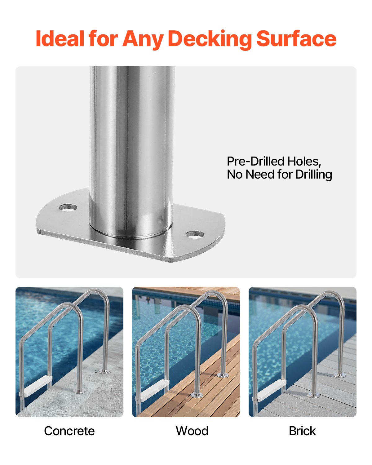 Swimming Pools: VEVOR Stainless Steel Pool Ladder 3-Step & 2 Handrails for 1219.2-1371.6 mm Pool