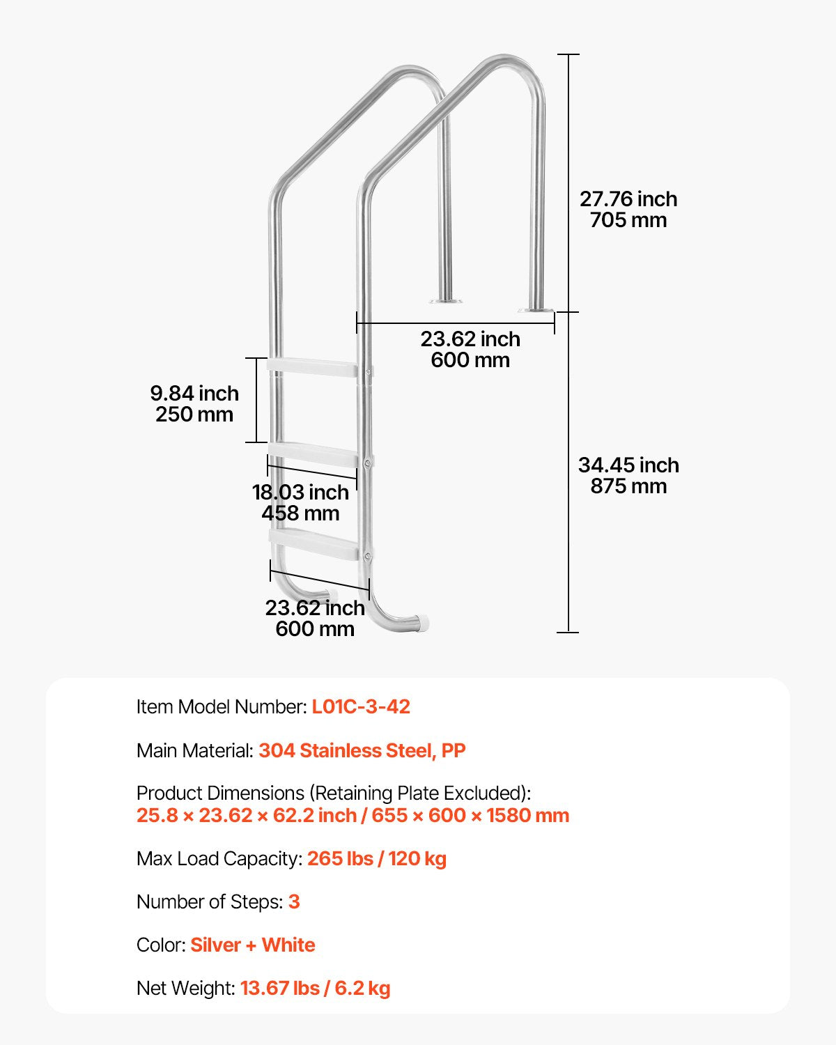 Swimming Pools: VEVOR Stainless Steel Pool Ladder 3-Step & 2 Handrails for 1219.2-1371.6 mm Pool
