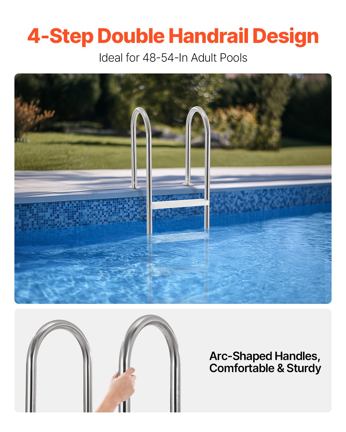 Swimming Pools: VEVOR 4-Step Stainless Steel Pool Ladder of 2 Handrail for 1371.6 mm Decked Pool