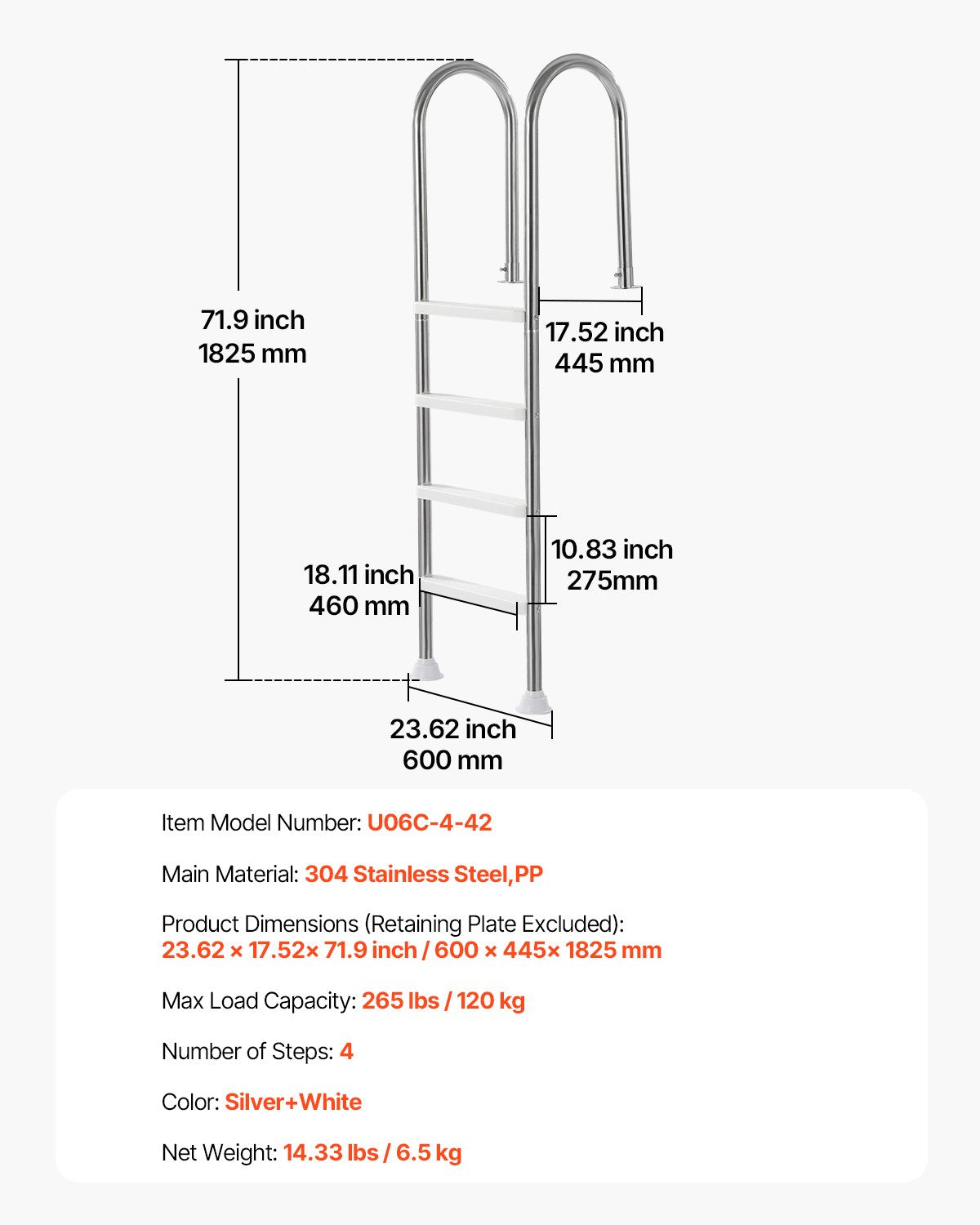 Swimming Pools: VEVOR 4-Step Stainless Steel Pool Ladder of 2 Handrail for 1371.6 mm Decked Pool