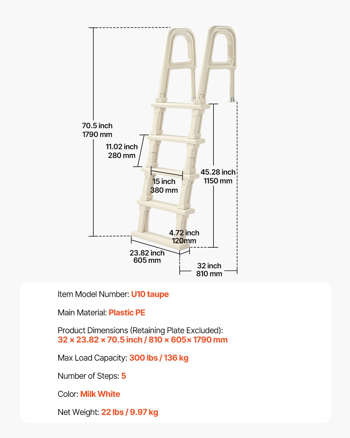 Swimming Pools: VEVOR 5-Step Inclined Robust Pool Ladder of 2 Handrails for 1219.2-1371.6mm Pool