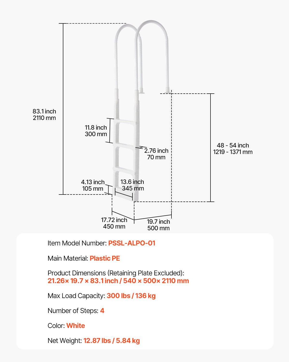 Swimming Pools: VEVOR Thickened 4-Step Pool Ladder of Double Handrails for 1219.2-1371.6mm Pool