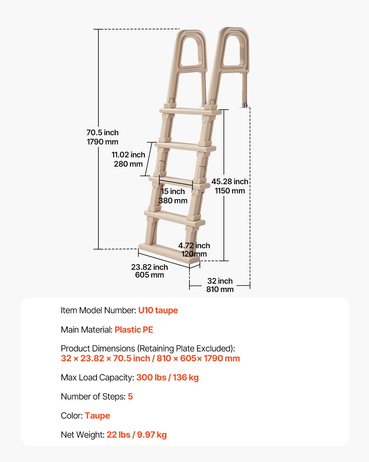 Swimming Pools: VEVOR 5-Step Inclined Robust Pool Ladder of 2 Handrails for 1219.2-1371.6mm Pool