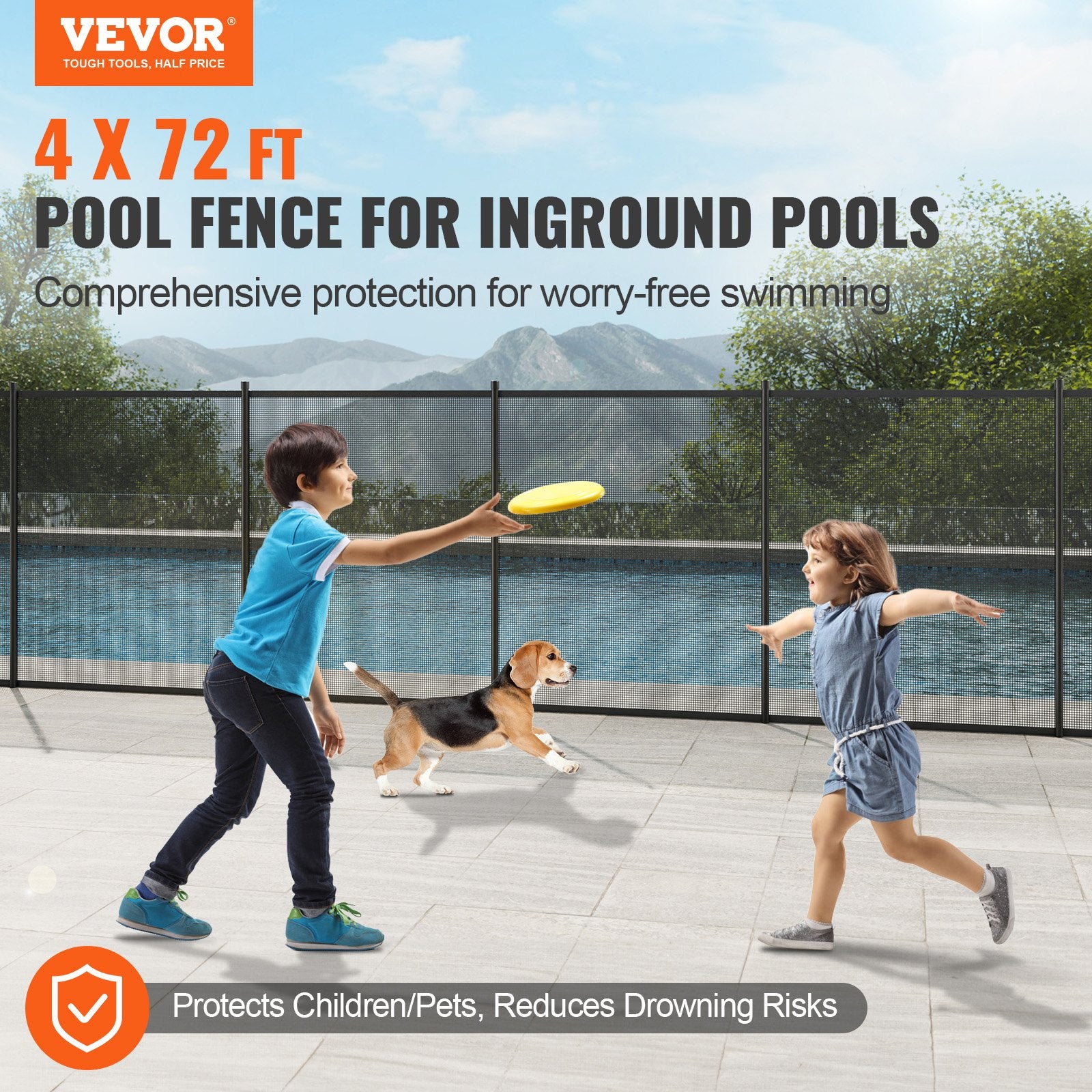 Pool Fence, 4 x 72 FT Pool Fences for Inground Pools, Removable Child Safety Pool Fencing, Easy DIY Installation Swimming Pool Fence, 340gms Teslin PVC Pool Fence Mesh Protects Kids and Pets