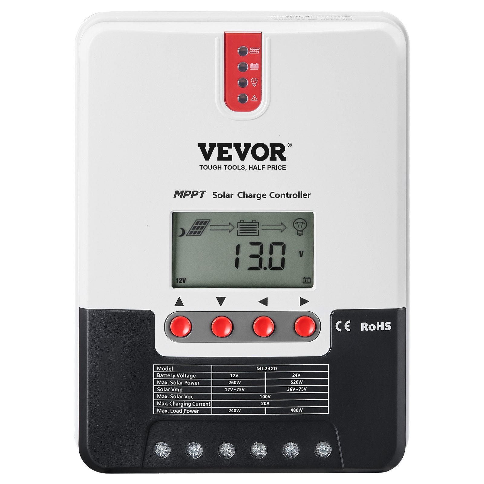 Automotive Repair & Speciality Tools: VEVOR 20A MPPT Solar Charge Controller, Auto DC Input, Solar Panel Regulator Charger with LCD Display Temperature Sensor Cable, for Sealed(AGM), Gel, Flooded and Lithium Battery Charging