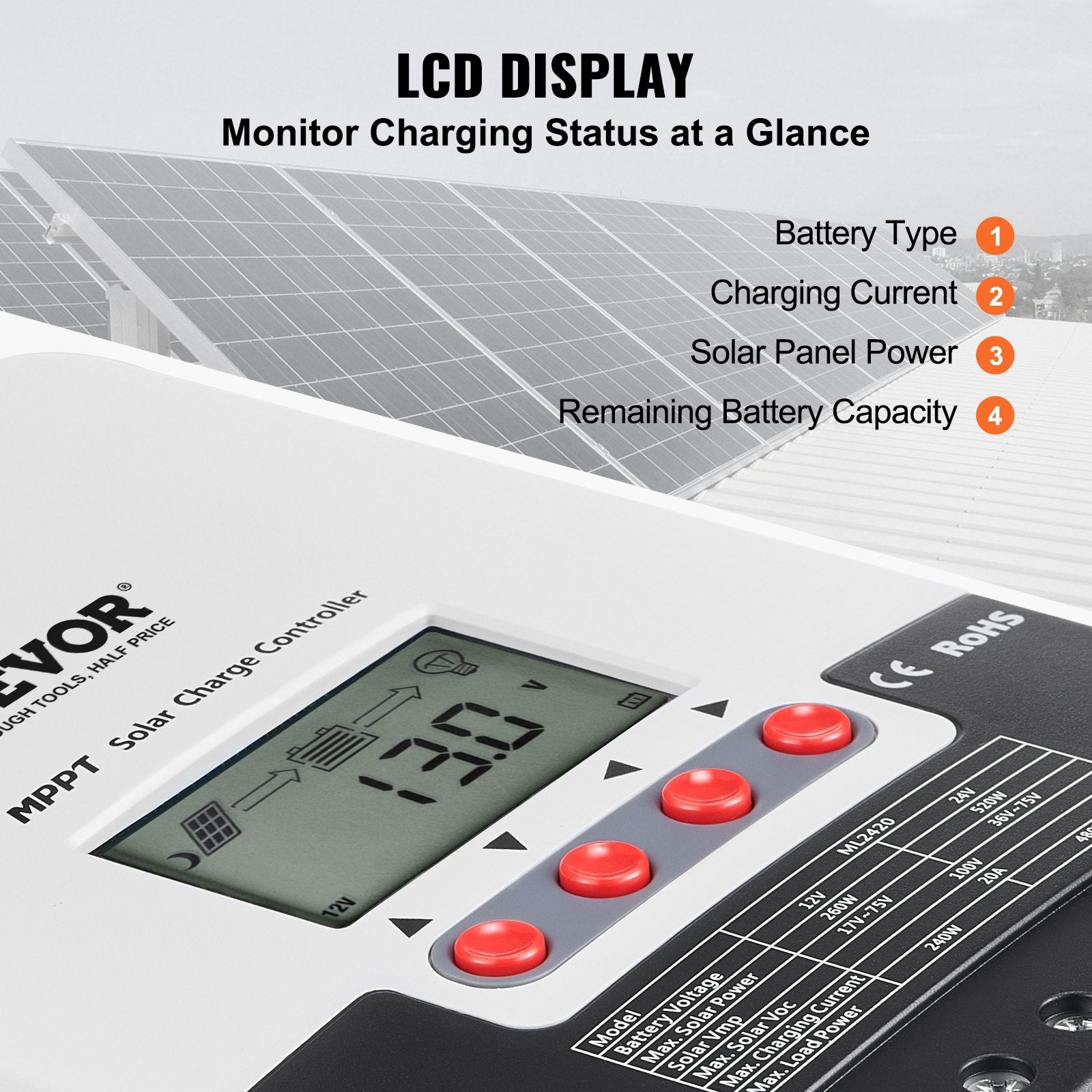 Automotive Repair & Speciality Tools: VEVOR 20A MPPT Solar Charge Controller, Auto DC Input, Solar Panel Regulator Charger with LCD Display Temperature Sensor Cable, for Sealed(AGM), Gel, Flooded and Lithium Battery Charging