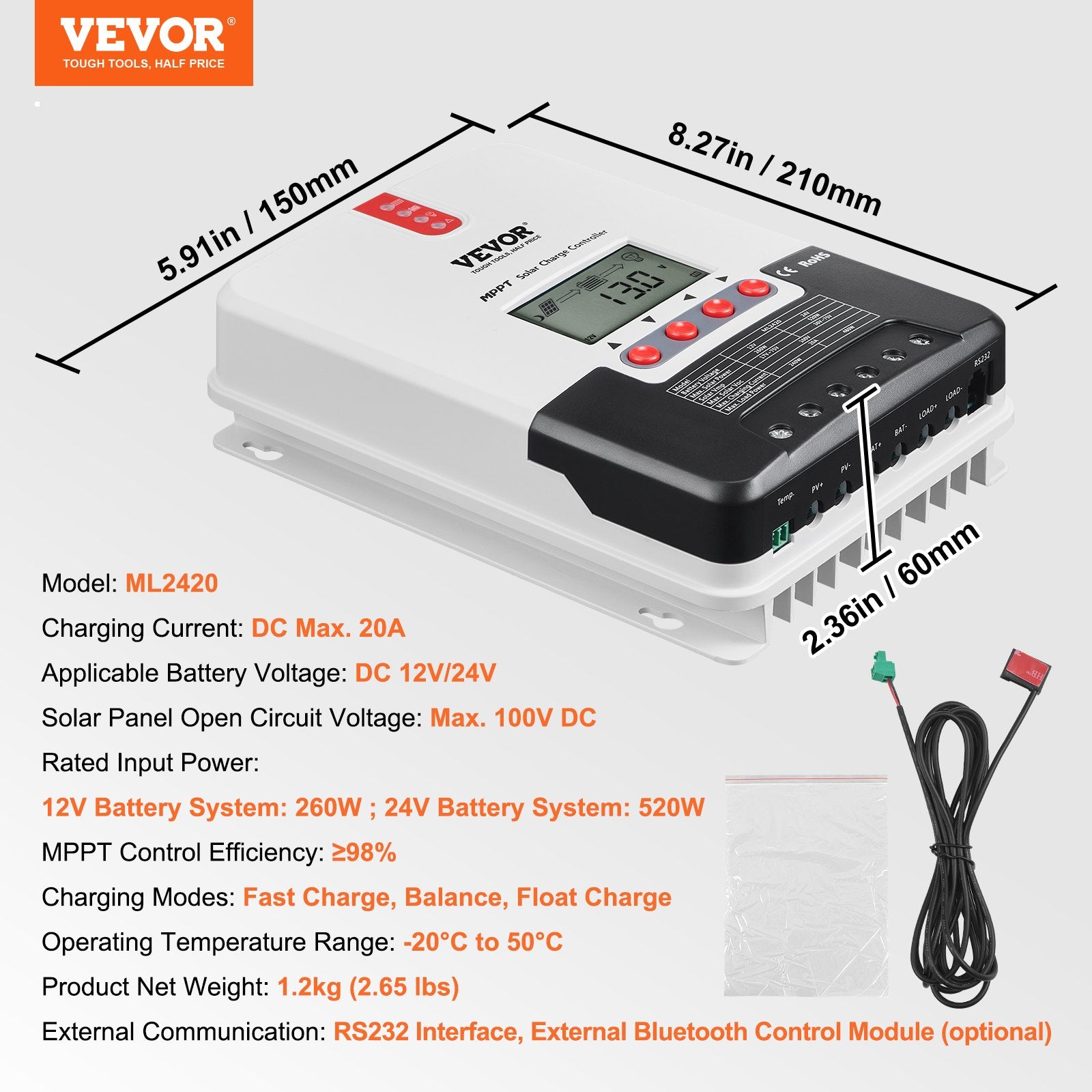 Automotive Repair & Speciality Tools: VEVOR 20A MPPT Solar Charge Controller, Auto DC Input, Solar Panel Regulator Charger with LCD Display Temperature Sensor Cable, for Sealed(AGM), Gel, Flooded and Lithium Battery Charging