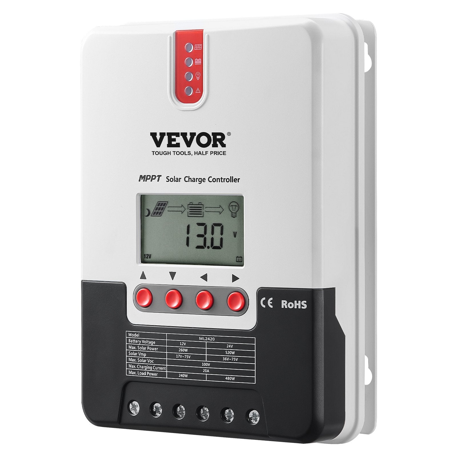 Automotive Repair & Speciality Tools: VEVOR 20A MPPT Solar Charge Controller, Auto DC Input, Solar Panel Regulator Charger with LCD Display Temperature Sensor Cable, for Sealed(AGM), Gel, Flooded and Lithium Battery Charging