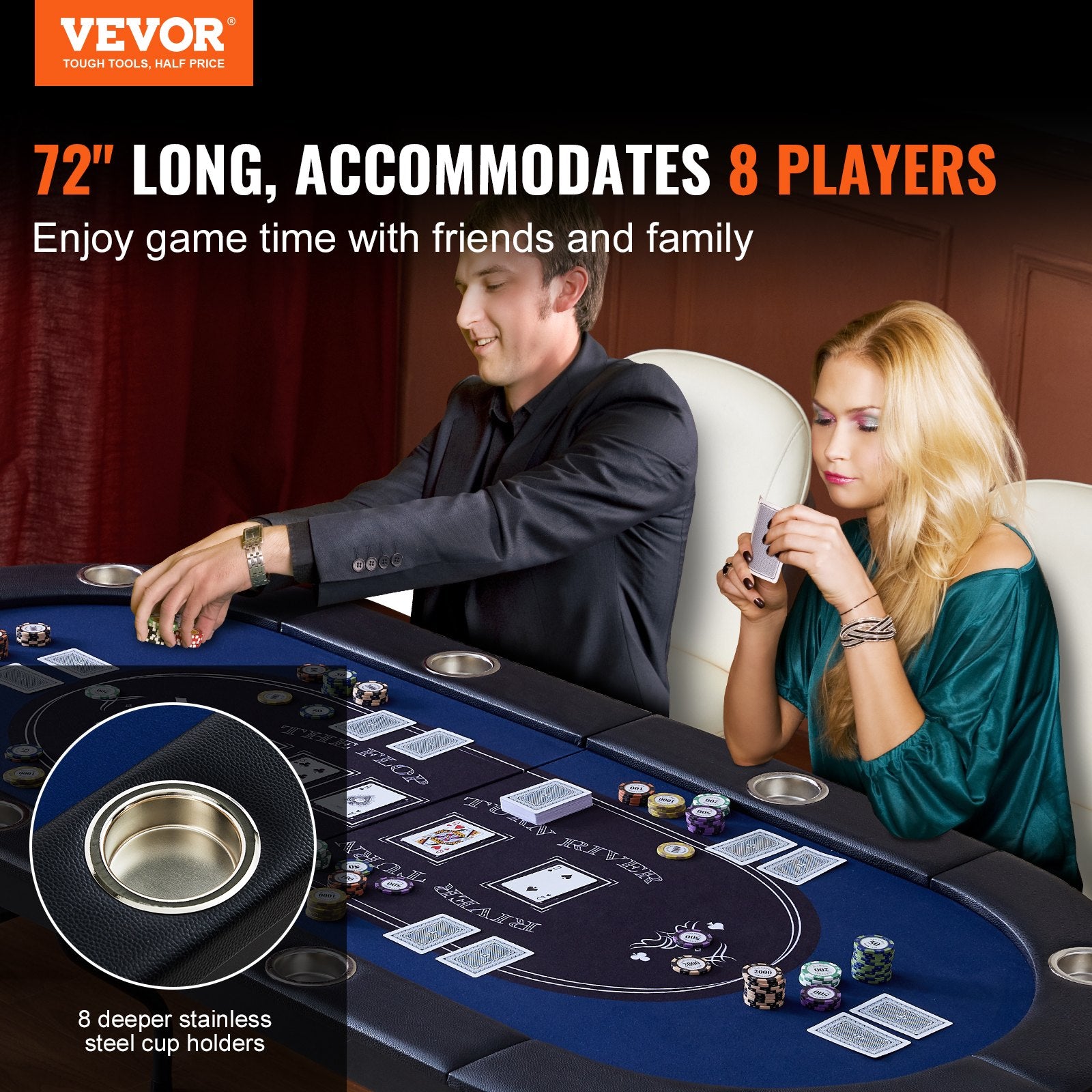 Card Games: VEVOR 8 Player Foldable Poker Table, Blackjack Texas Holdem Poker Table with Padded Rails and Stainless Steel Cup Holders, Portable Folding Card Board Game Table,183cm Oval Casino Leisure Table, Blue
