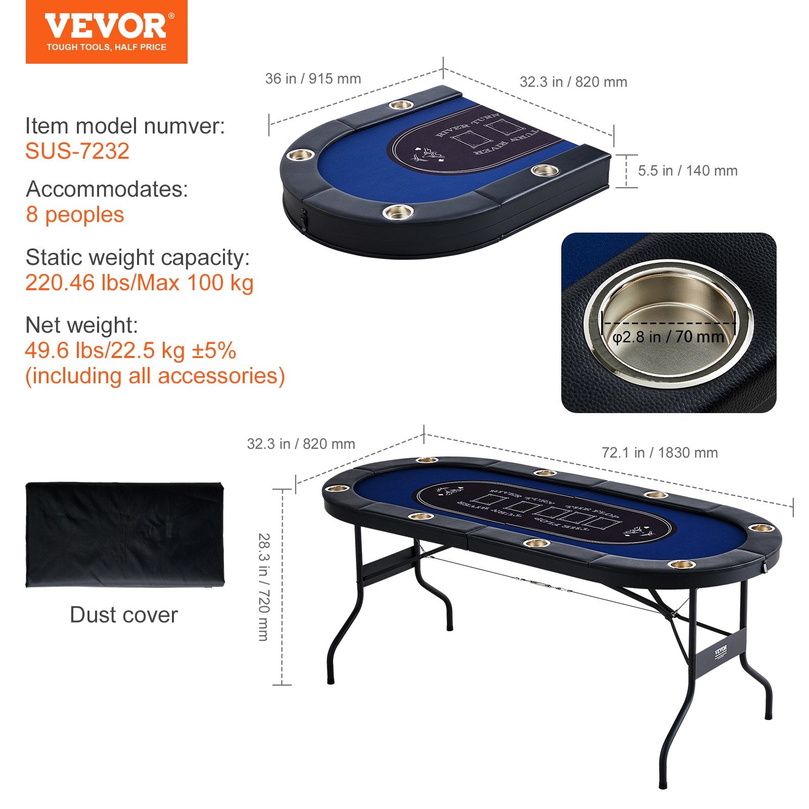 Card Games: VEVOR 8 Player Foldable Poker Table, Blackjack Texas Holdem Poker Table with Padded Rails and Stainless Steel Cup Holders, Portable Folding Card Board Game Table,183cm Oval Casino Leisure Table, Blue