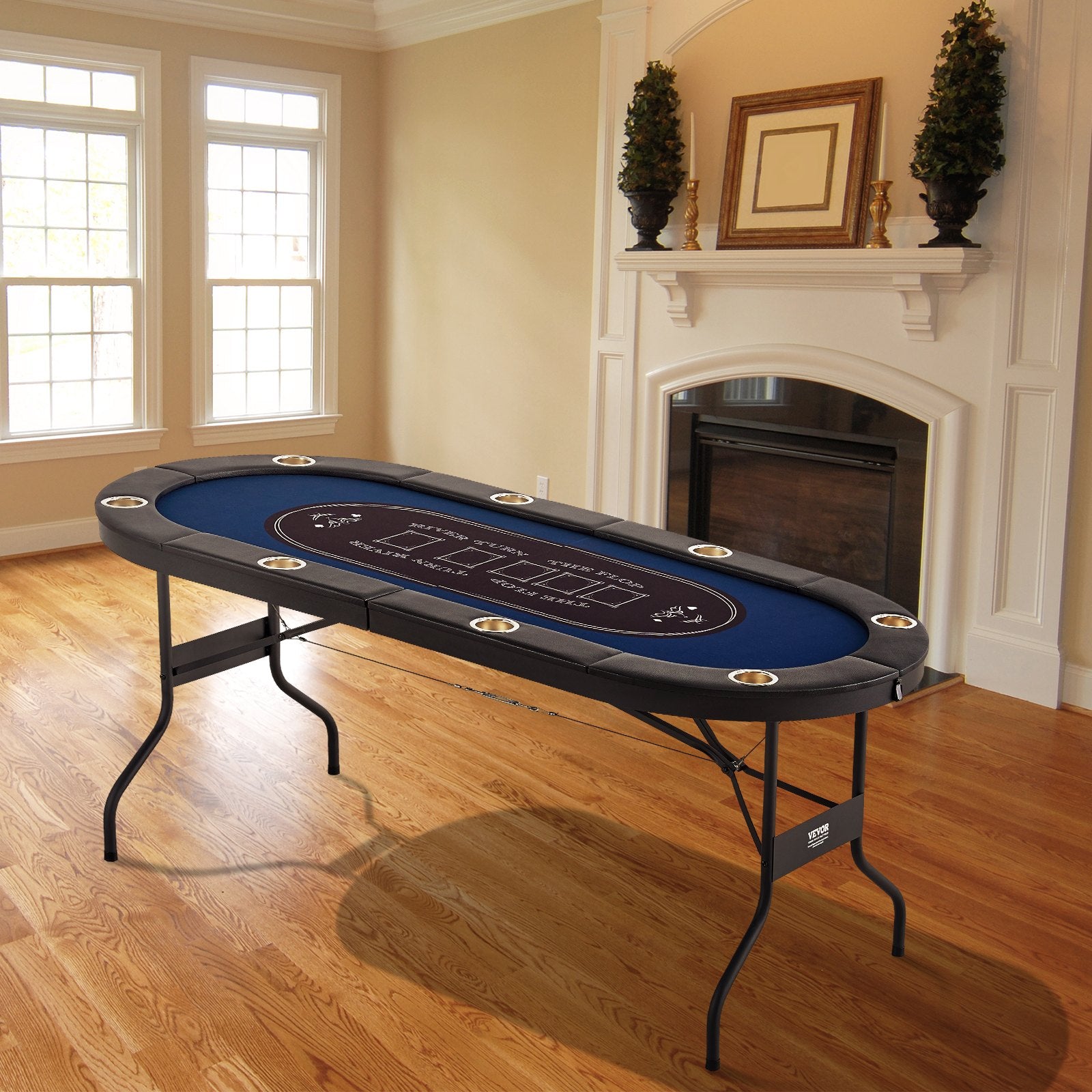 Card Games: VEVOR 8 Player Foldable Poker Table, Blackjack Texas Holdem Poker Table with Padded Rails and Stainless Steel Cup Holders, Portable Folding Card Board Game Table,183cm Oval Casino Leisure Table, Blue