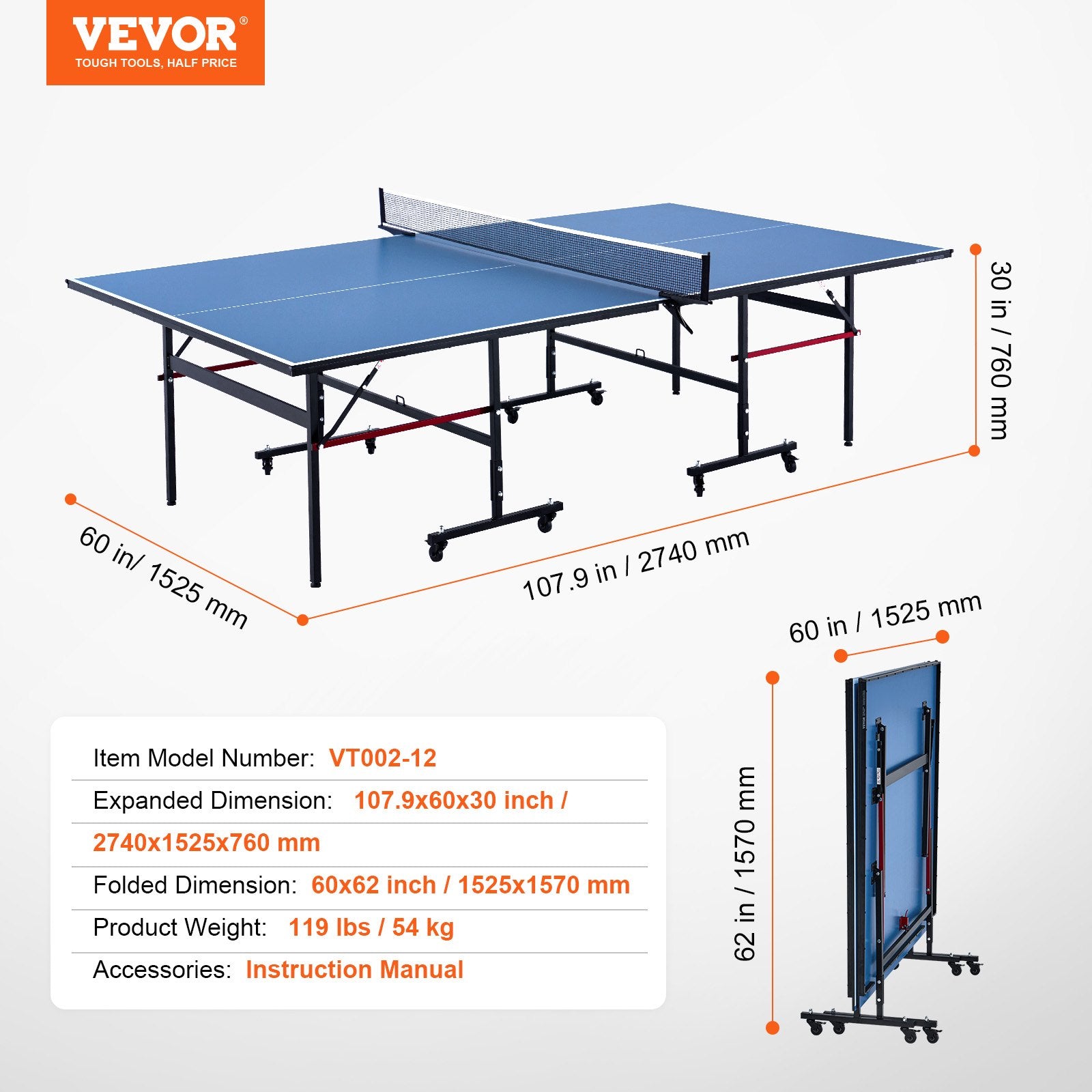 Basketball & Basketball Accessories: VEVOR Ping Pong Table Foldable Table Tennis Game Table Indoor with Clamp Net