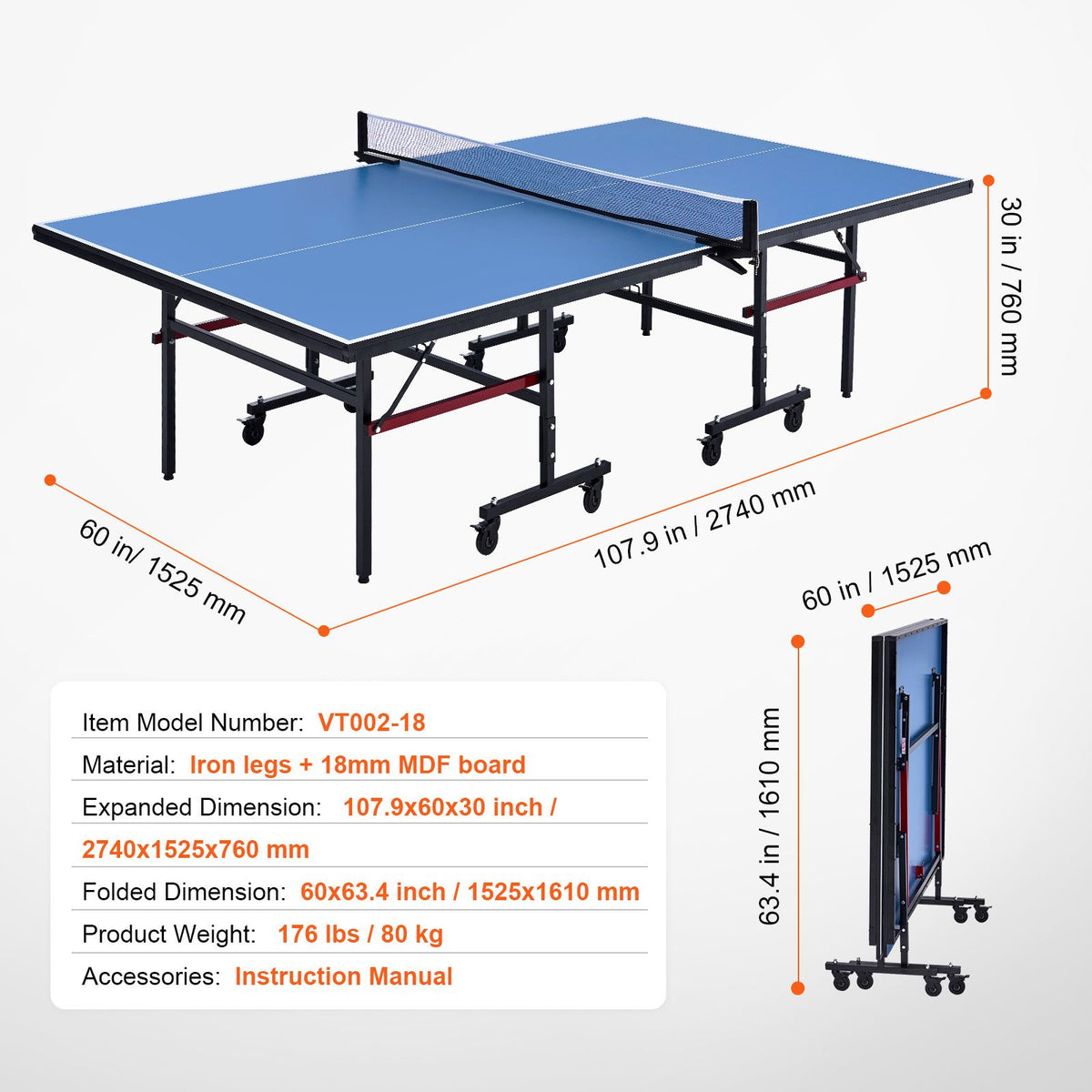 Ping Pong Table, Professional Table Tennis Game, Indoor MDF Portable Table Tennis Table, Foldable Ping Pong Table with Quick Clamp Net and Lockable Wheels, 10 Minute Easy Assembly, 18mm Tabletops