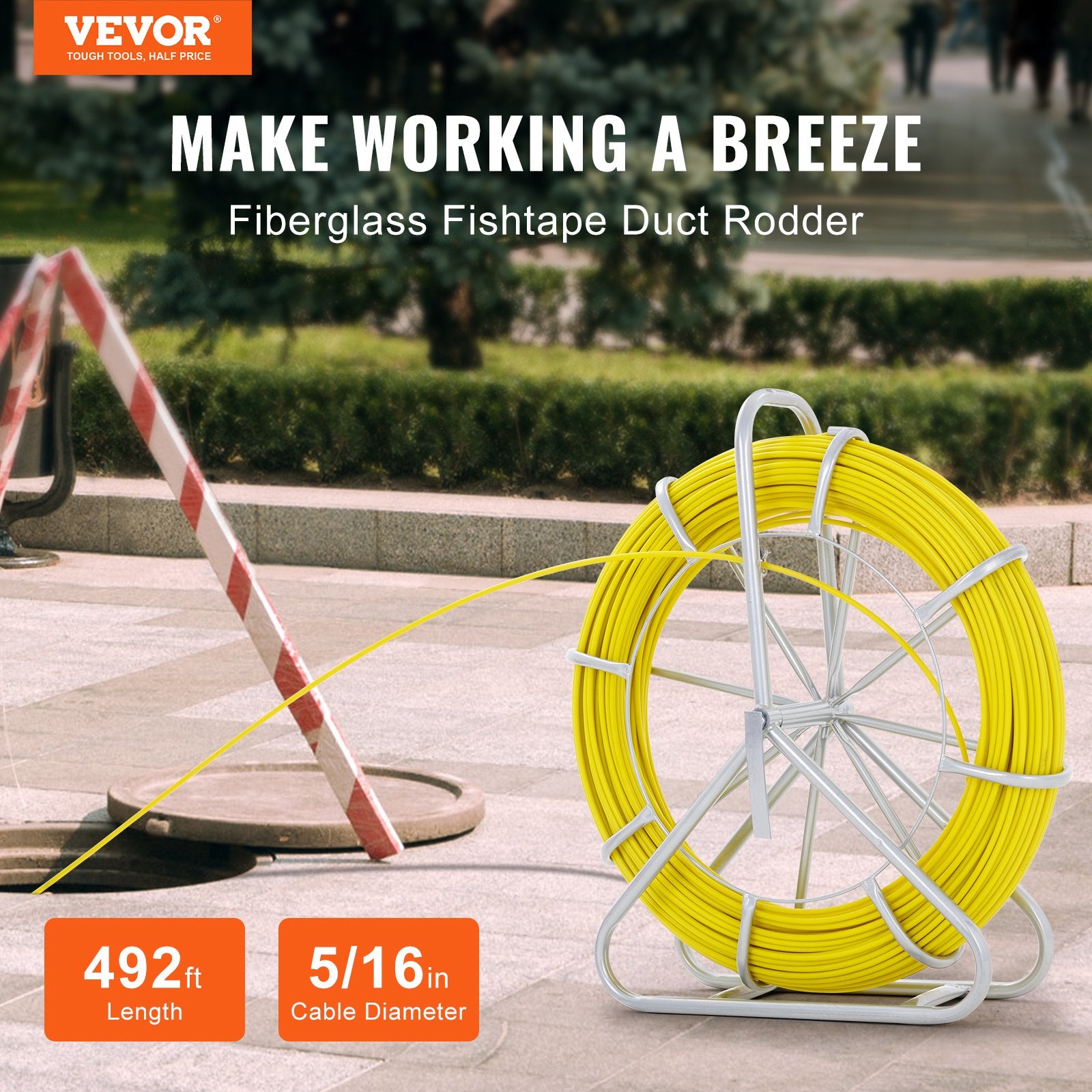 Power & Electrical Supplies: VEVOR Fish Tape Fiberglass, 150 m, 7.9 mm, Duct Rodder Fishtape Wire Puller, Cable Running Rod with Steel Reel Stand, 3 Pulling Heads, Fishing Tools for Walls and Electrical Conduit, Non-Conductive