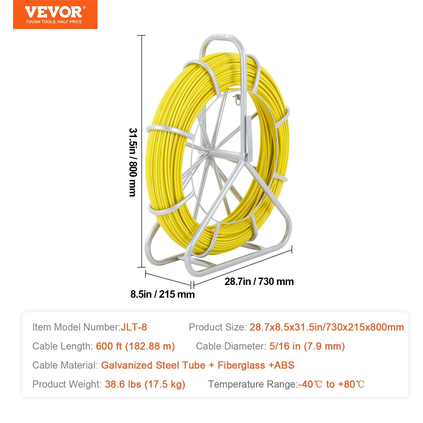 Power & Electrical Supplies: VEVOR Fish Tape Fiberglass, 182.88 m, 7.9 mm, Duct Rodder Fishtape Wire Puller, Cable Running Rod with Steel Reel Stand, 3 Pulling Heads, Fishing Tools for Walls and Electrical Conduit, Non-Conductive