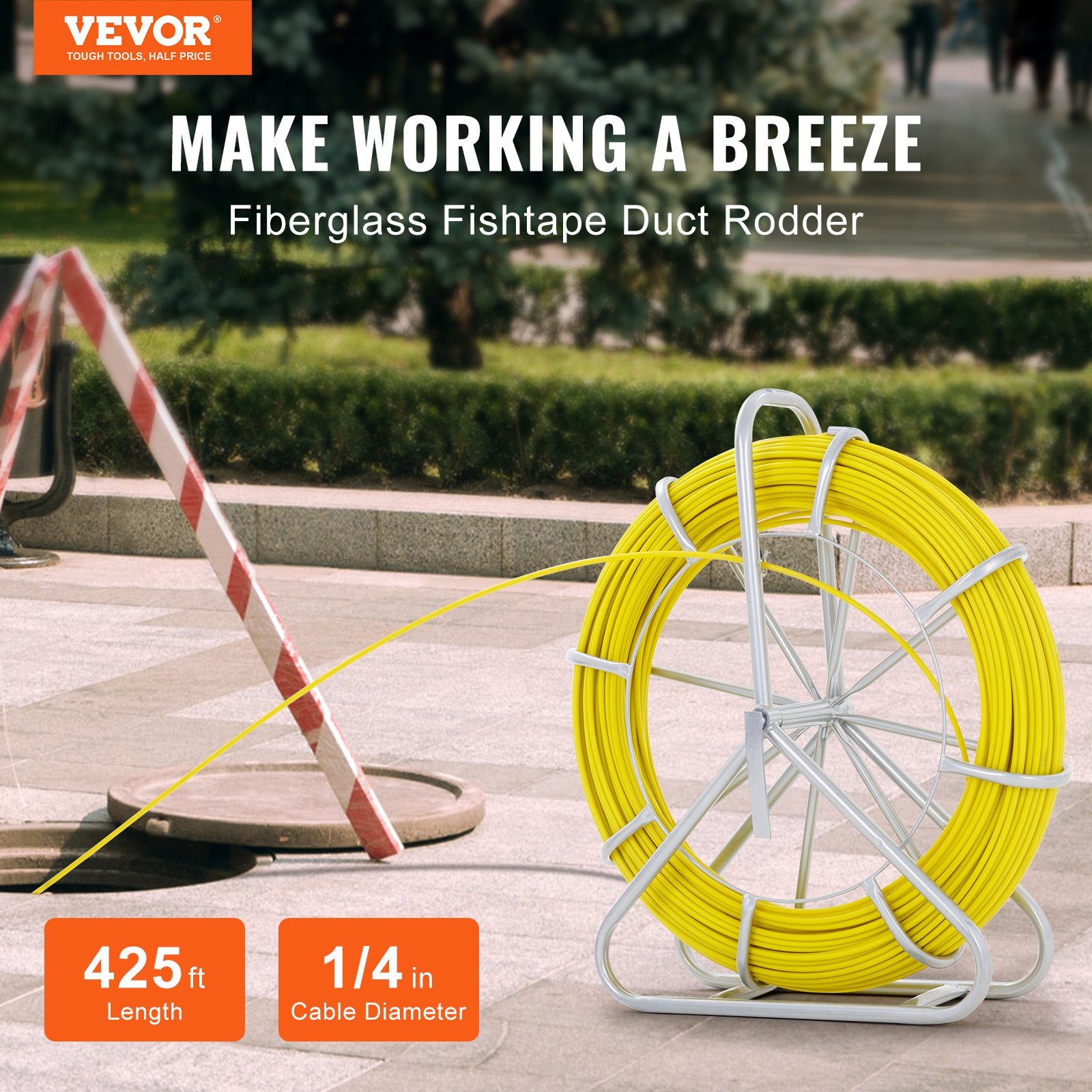 Power & Electrical Supplies: VEVOR Fish Tape Fiberglass, 129.5 m, 6.35 mm, Duct Rodder Fishtape Wire Puller, Cable Running Rod with Steel Reel Stand, 3 Pulling Heads, Fishing Tools for Walls and Electrical Conduit, Non-Conductive