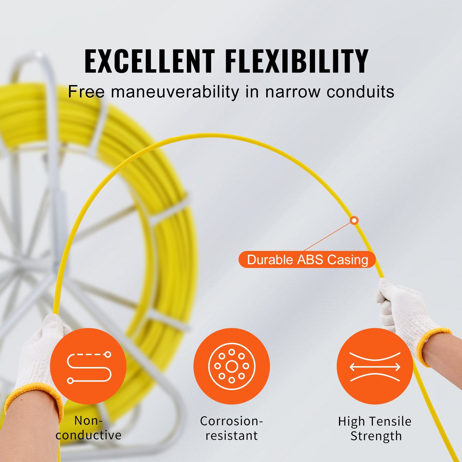 Power & Electrical Supplies: VEVOR Fish Tape Fiberglass, 129.5 m, 6.35 mm, Duct Rodder Fishtape Wire Puller, Cable Running Rod with Steel Reel Stand, 3 Pulling Heads, Fishing Tools for Walls and Electrical Conduit, Non-Conductive