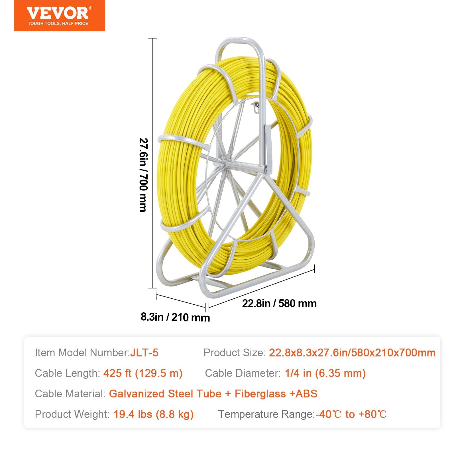 Power & Electrical Supplies: VEVOR Fish Tape Fiberglass, 129.5 m, 6.35 mm, Duct Rodder Fishtape Wire Puller, Cable Running Rod with Steel Reel Stand, 3 Pulling Heads, Fishing Tools for Walls and Electrical Conduit, Non-Conductive