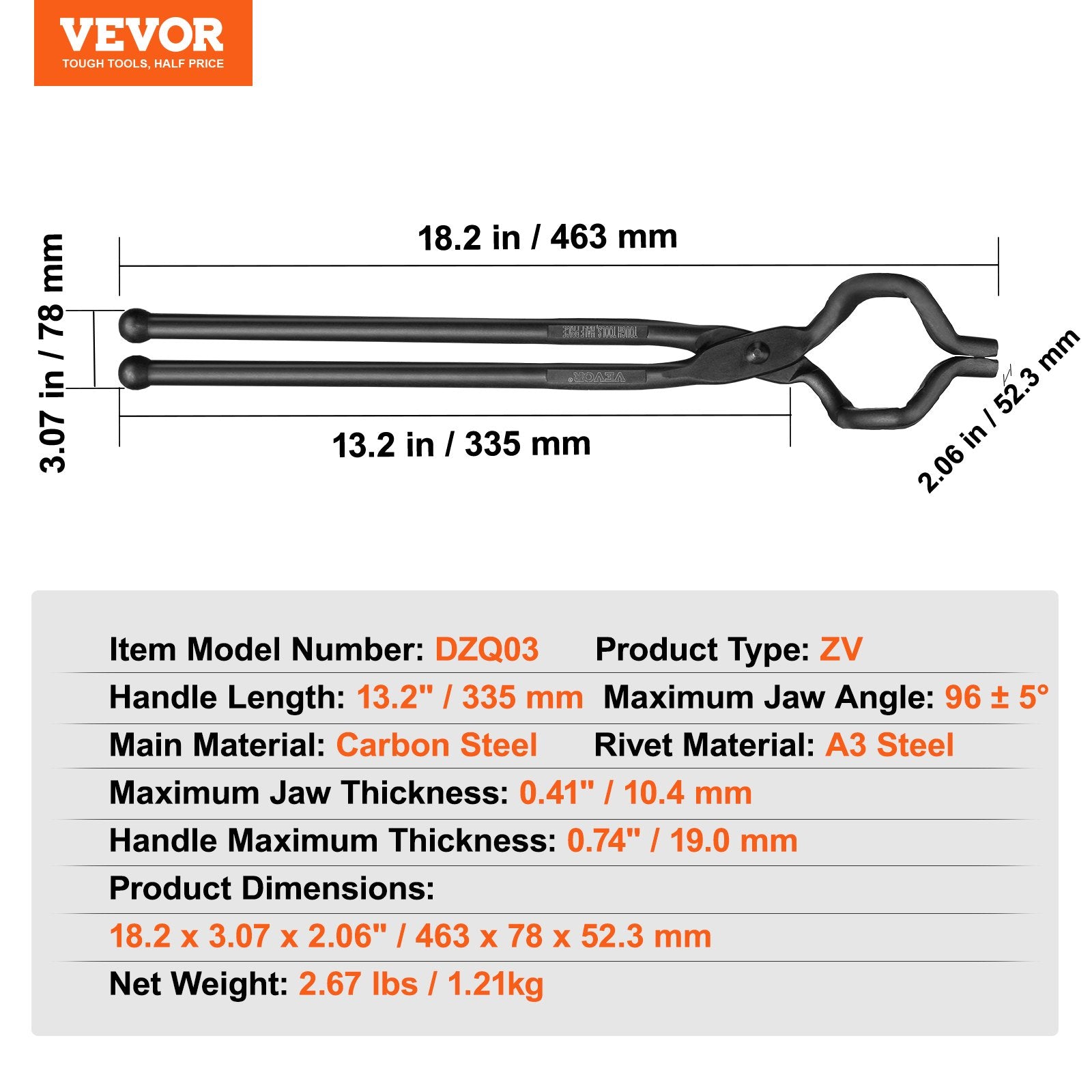 Cutlery: VEVOR Blacksmith Tongs, 463mm Z V-Bit Tongs, Carbon Steel Forge Tongs with A3 Steel Rivets, for Knife Blades, Long Pieces, Circular Forgings, for Beginner and Seasoned Blacksmiths and Bladesmiths