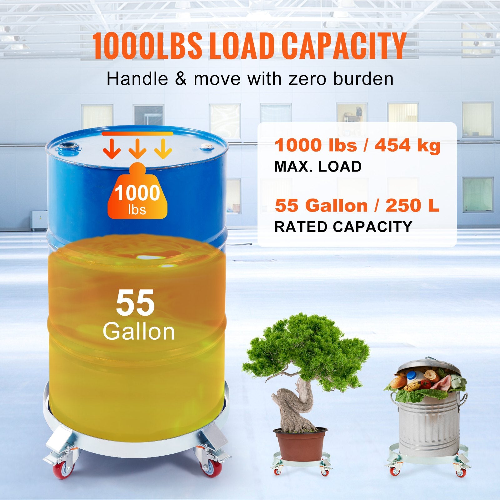 2PCS 250 L Heavy Duty Drum Dolly, 454 kg Load Capacity, Barrel Dolly Cart Drum Caddy, Non Tipping Hand Truck Capacity Dollies with Steel Frame 4 Swivel Casters Wheel, for Drum Handling