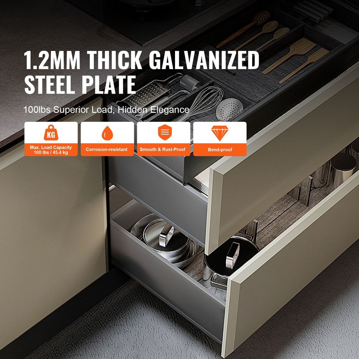 10 Pairs of 533.4mm Drawer Bottom Side Mount Rails, Heavy Duty Full Ball Bearing Extension Steel Track, Soft-Close Noiseless Guide Glides Cabinet Kitchen Runners with Locking Mechanism, 100 Lbs