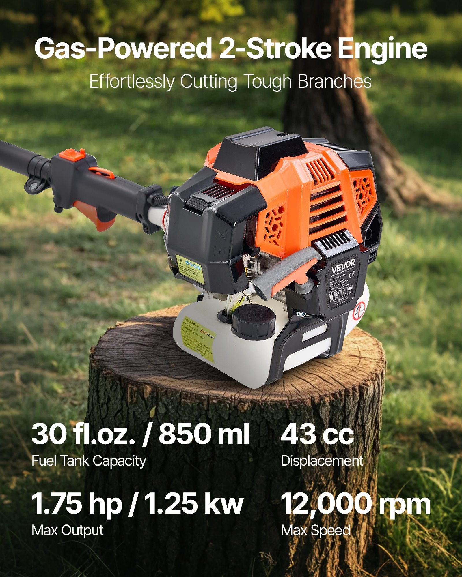Gas Pole Saw, 43CC 2 Stroke Gas Powered Pole Saws with 25.4 cm Cutting Bar, Cordless Tree Trimmer with Rotatable Head, 2.1 to 3.6 m Extendable, Powerful Chainsaw for Tree Trimming Pruning