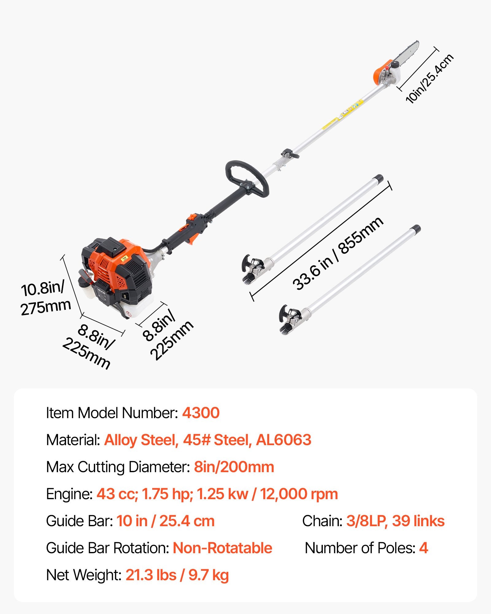 Gas Pole Saw, 43CC 2 Stroke Gas Powered Pole Saws with 25.4 cm Cutting Bar, Cordless Tree Trimmer with Rotatable Head, 2.1 to 3.6 m Extendable, Powerful Chainsaw for Tree Trimming Pruning