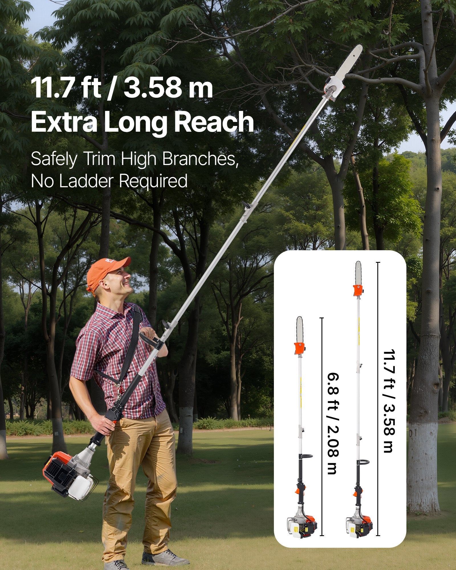 Chainsaws: VEVOR Gas Pole Saw, 33CC 2 Stroke Gas Powered Pole Saws with 20.3 cm Cutting Bar, Cordless Tree Trimmer with 850ml Fuel Tank, 2.08 to 3.58 m  Extendable, Powerful Chainsaw for Tree Trimming Pruning