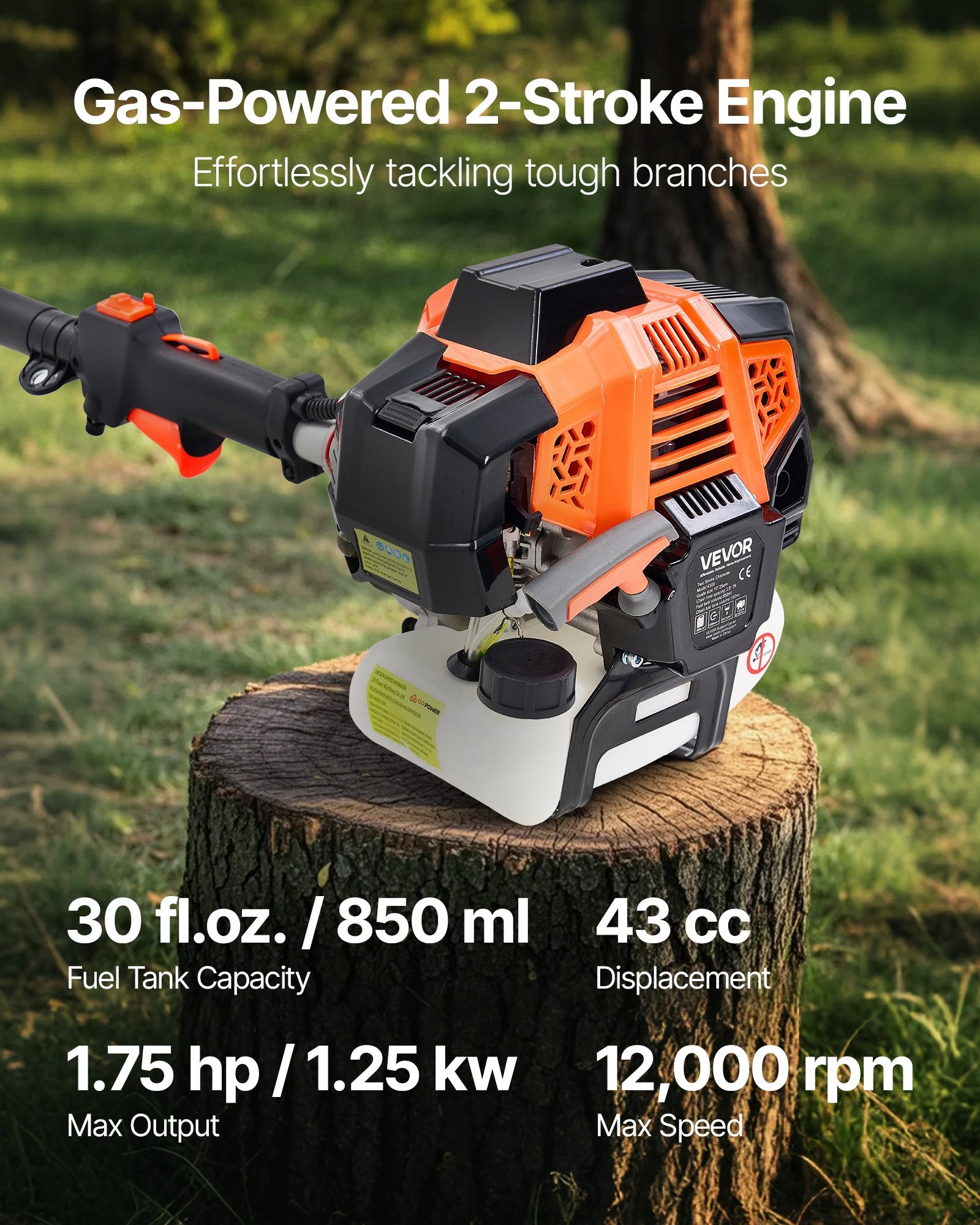 Chainsaws: VEVOR Gas Pole Saw, 33CC 2 Stroke Gas Powered Pole Saws with 20.3 cm Cutting Bar, Cordless Tree Trimmer with 850ml Fuel Tank, 2.08 to 3.58 m  Extendable, Powerful Chainsaw for Tree Trimming Pruning
