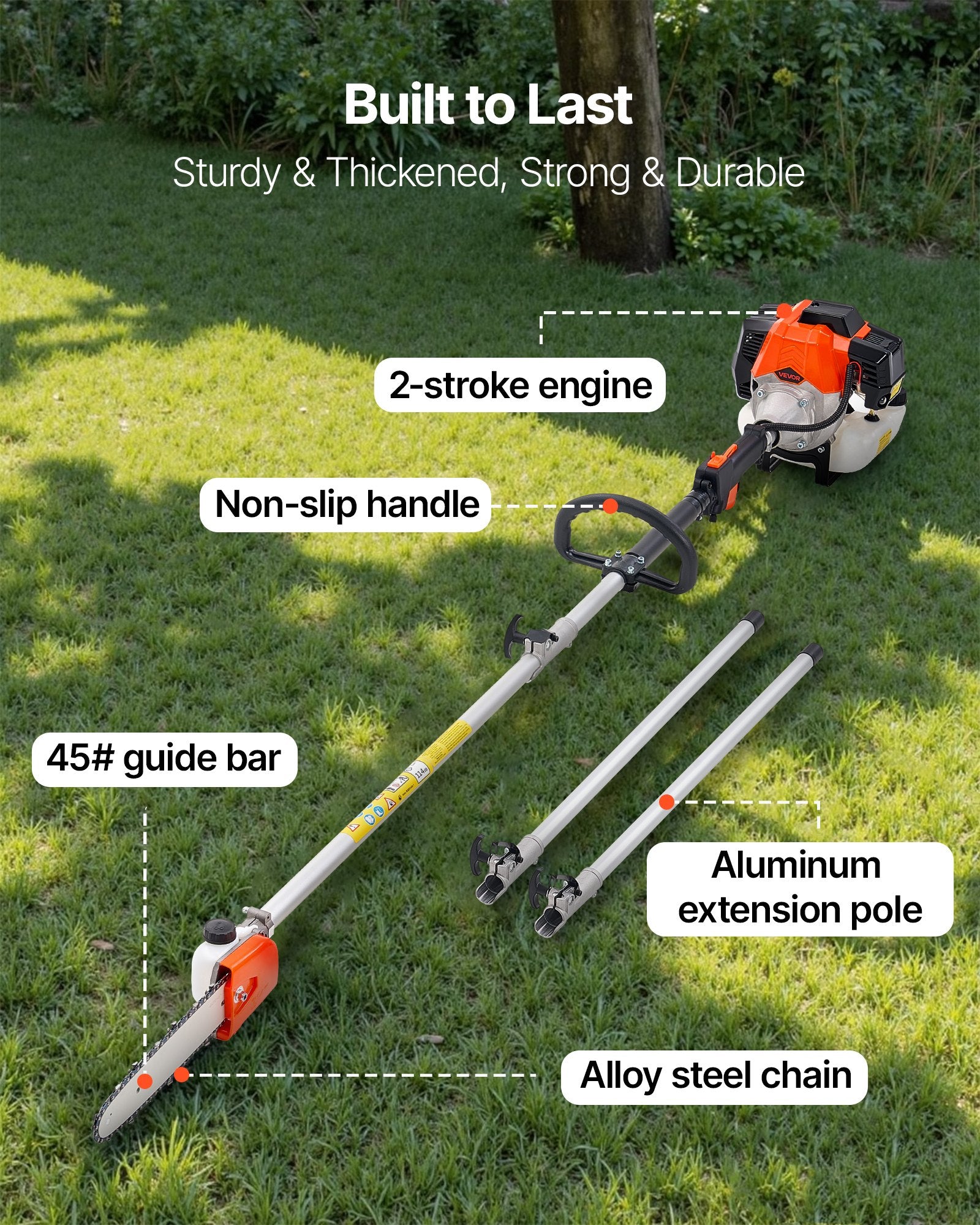 Chainsaws: VEVOR Gas Pole Saw, 33CC 2 Stroke Gas Powered Pole Saws with 20.3 cm Cutting Bar, Cordless Tree Trimmer with 850ml Fuel Tank, 2.08 to 3.58 m  Extendable, Powerful Chainsaw for Tree Trimming Pruning